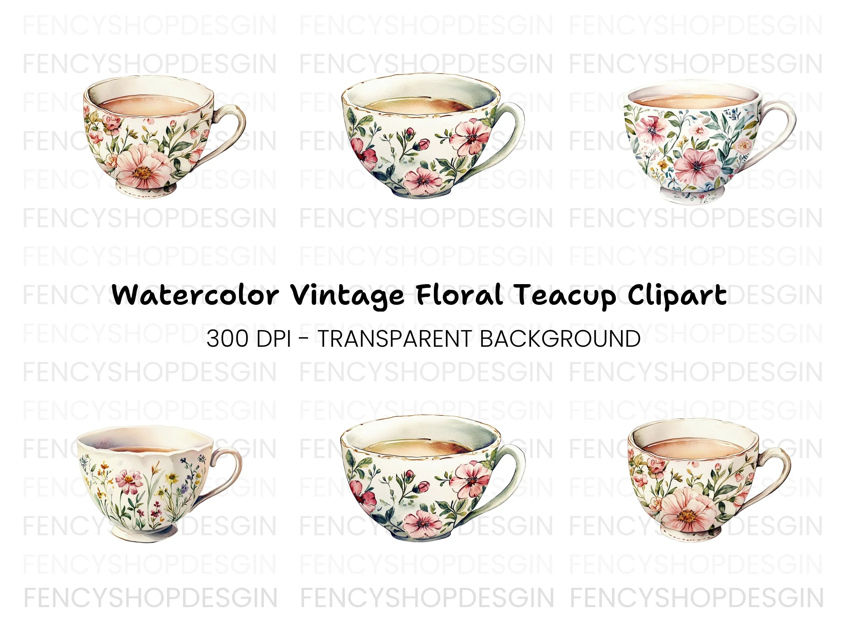 Floral Teacups Clipart Bundle