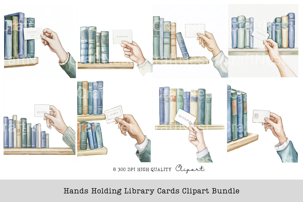 Hands Holding Library Cards Clipart Bundle