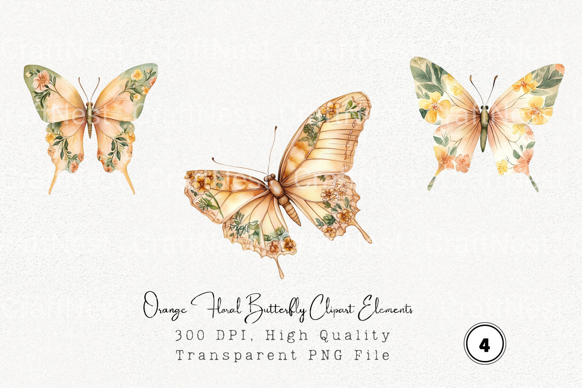 Orange Floral Butterfly Elements Clipart Bundle