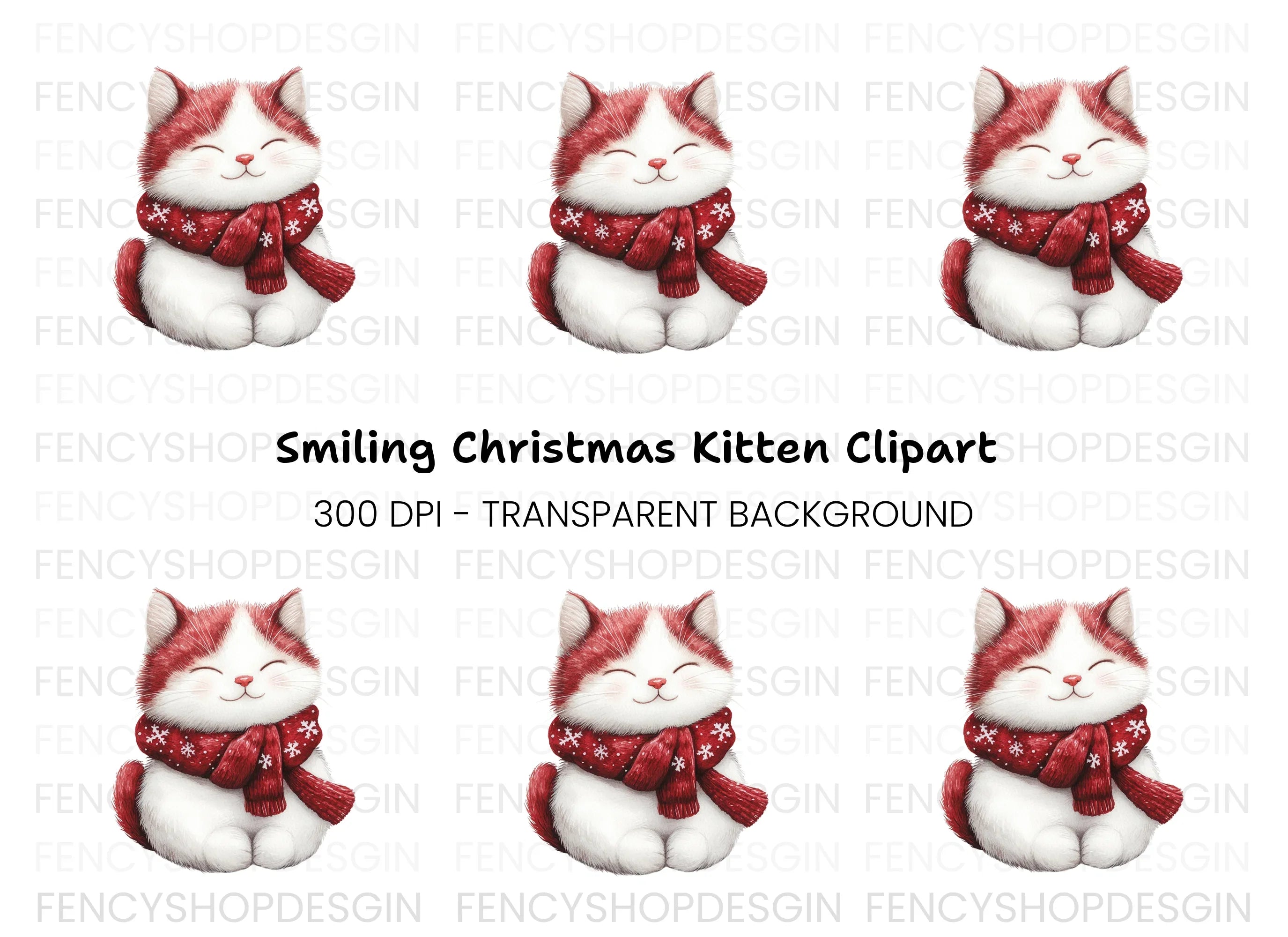 Cute Christmas Cat with Red Scarf Clipart Bundle