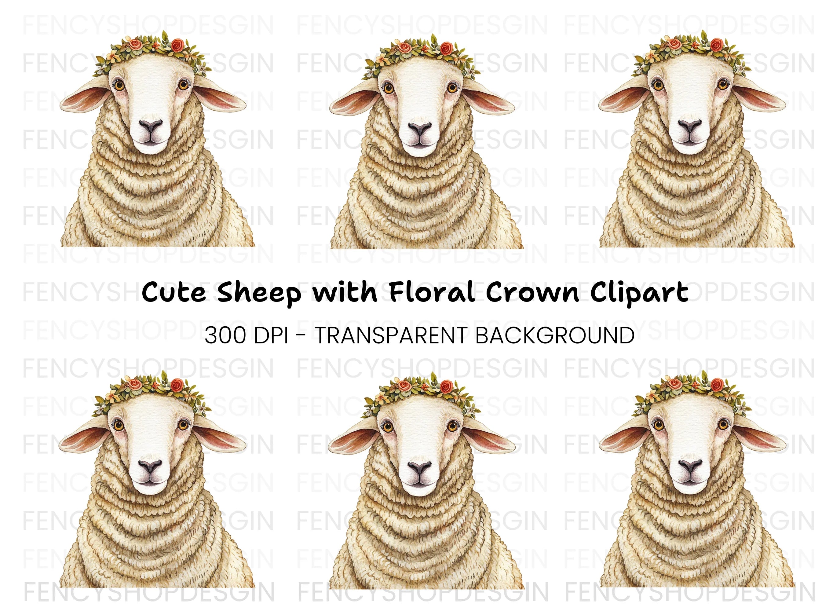 Cute Sheep with Flower Crown Clipart Bundle