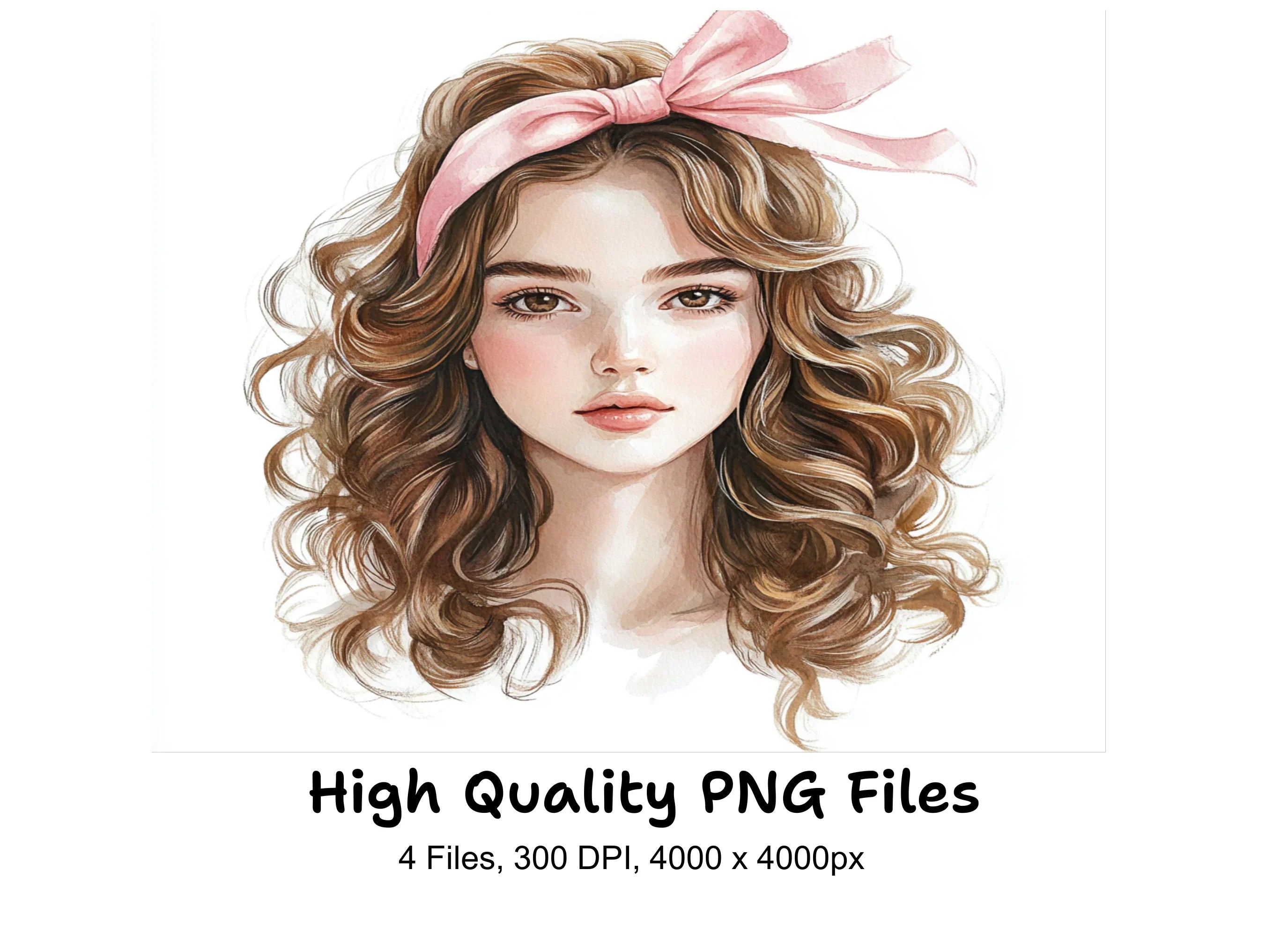 Cute Curly Haired Girl with Pink Bow Clipart Bundle