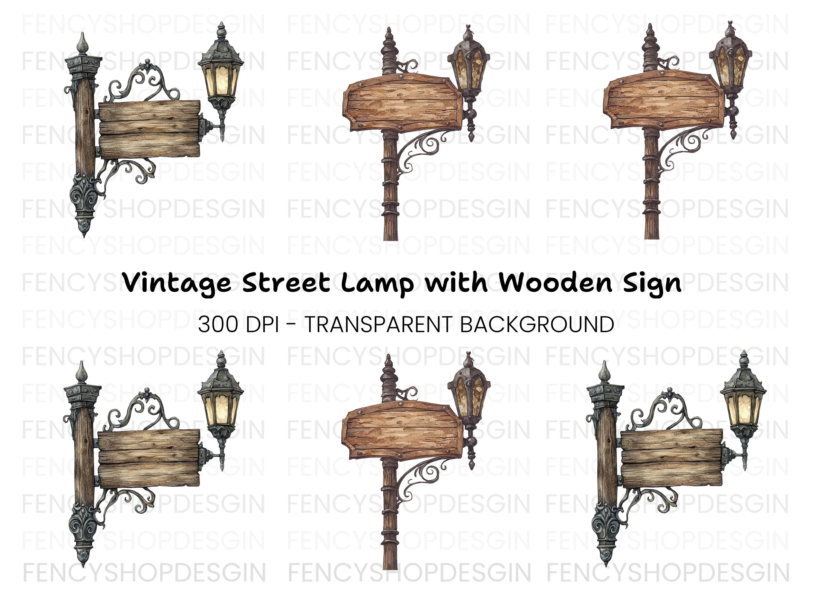 Vintage Wooden Signs & Lanterns Clipart Bundle