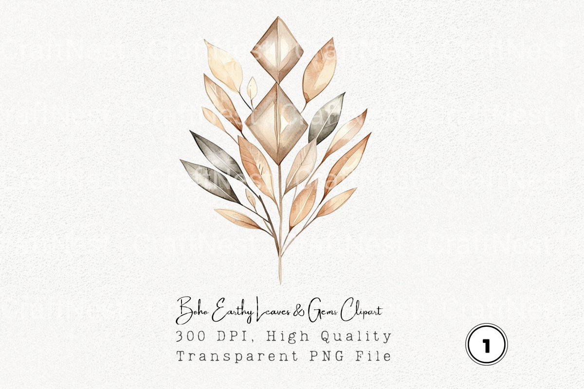 Boho Earthy Leaves Gems Clipart Bundle