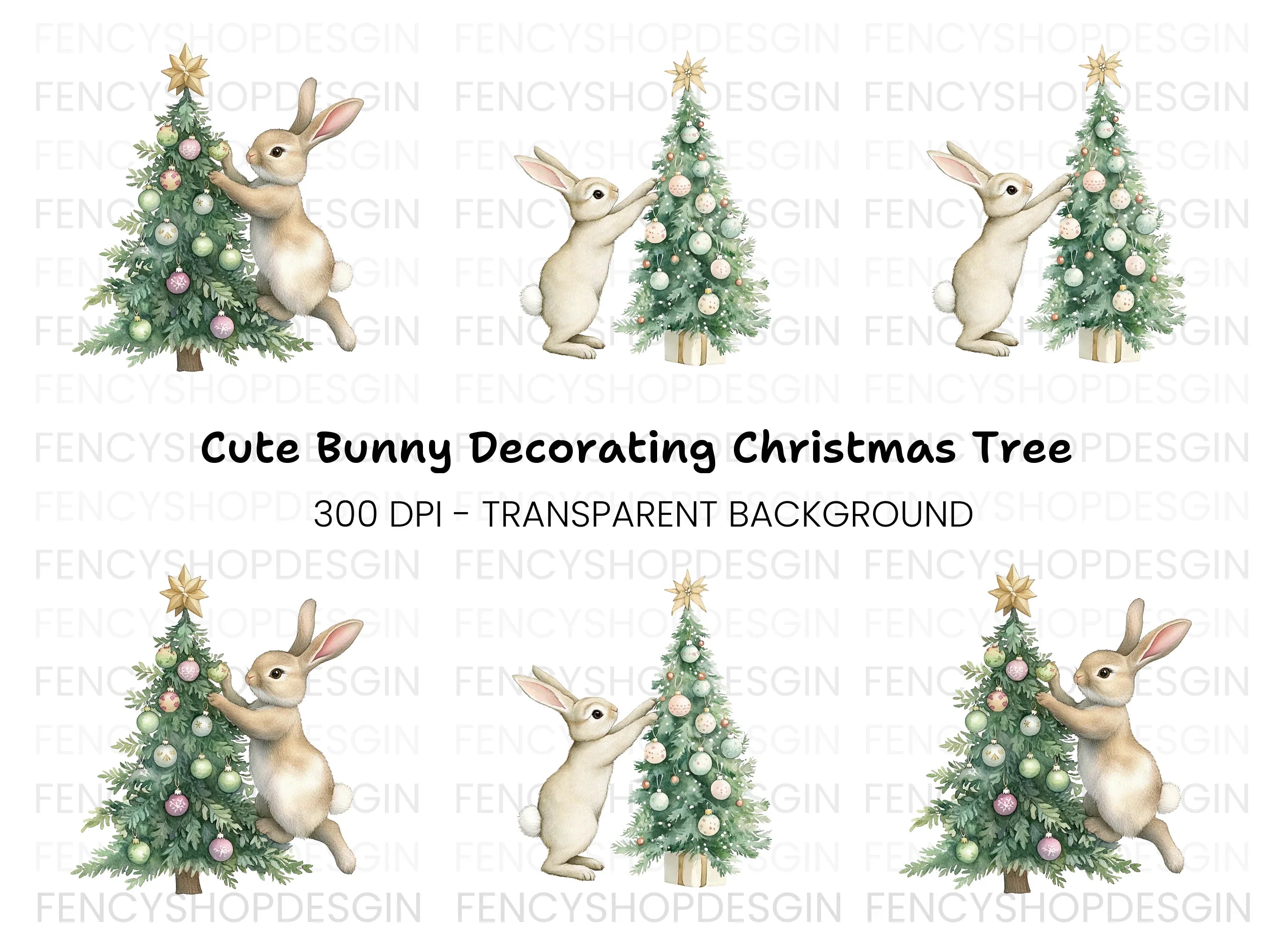 Brown Bunnies Decorating Christmas Tree Clipart Bundle