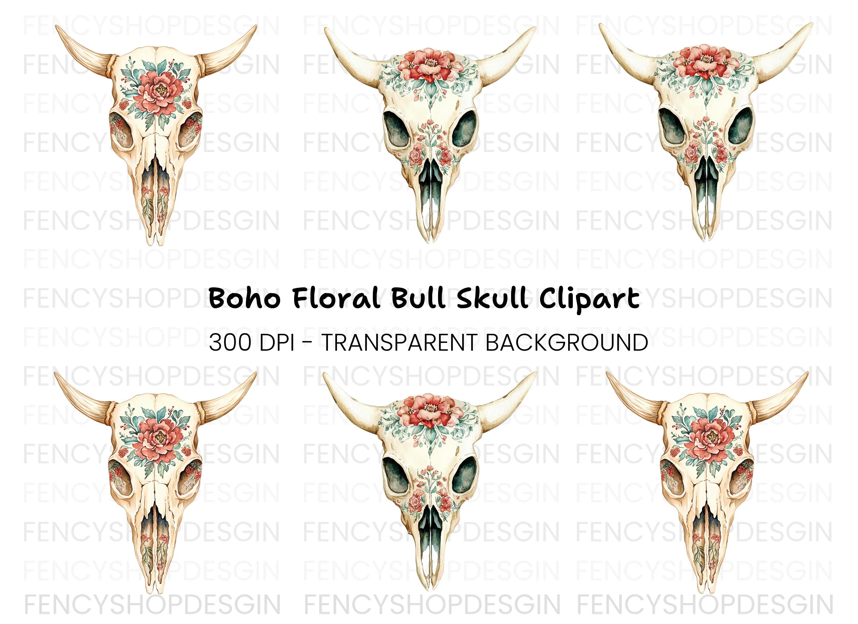 Boho Floral Skulls Clipart Bundle