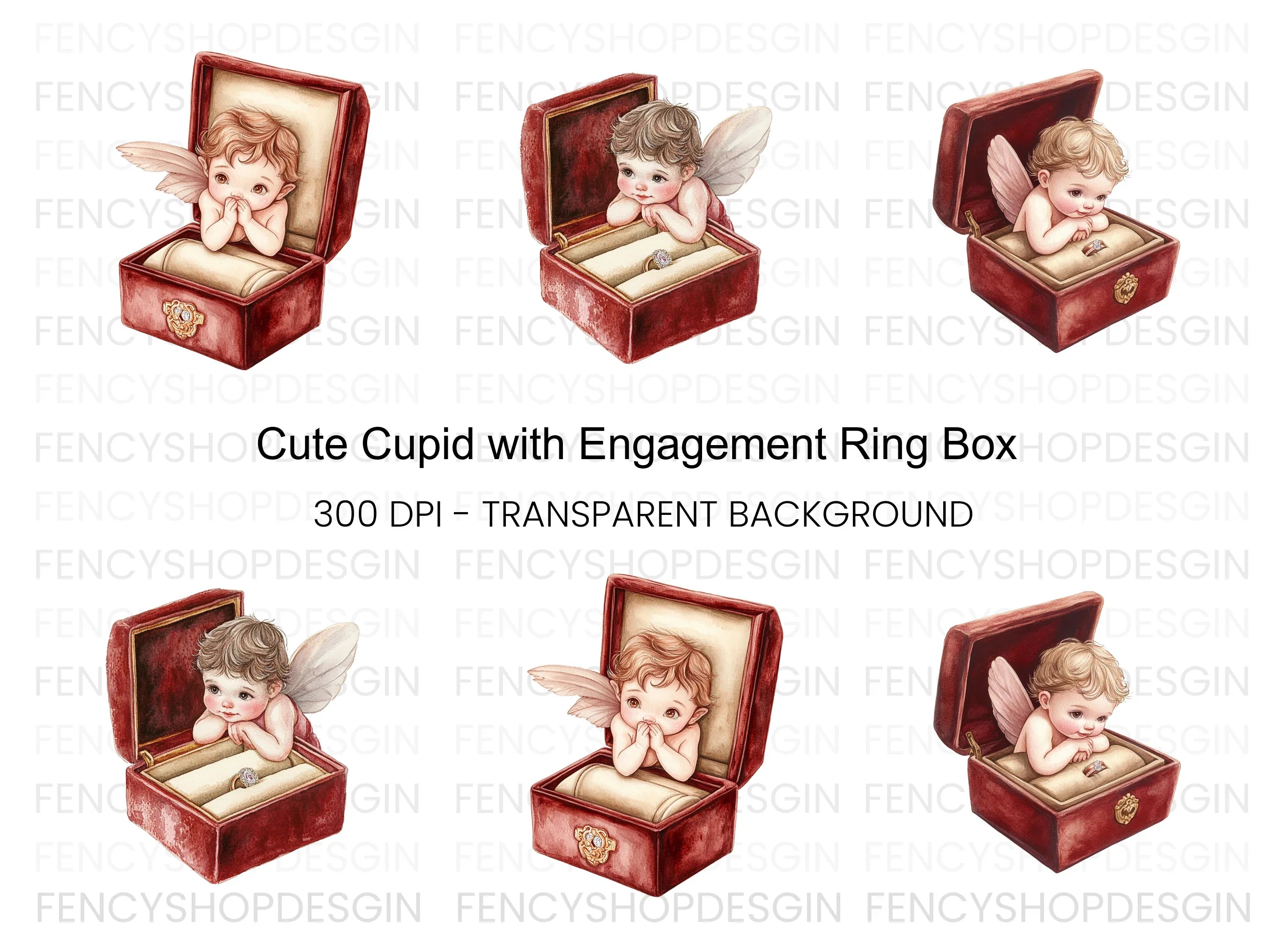 Cute Cupid in Ring Box Clipart Bundle