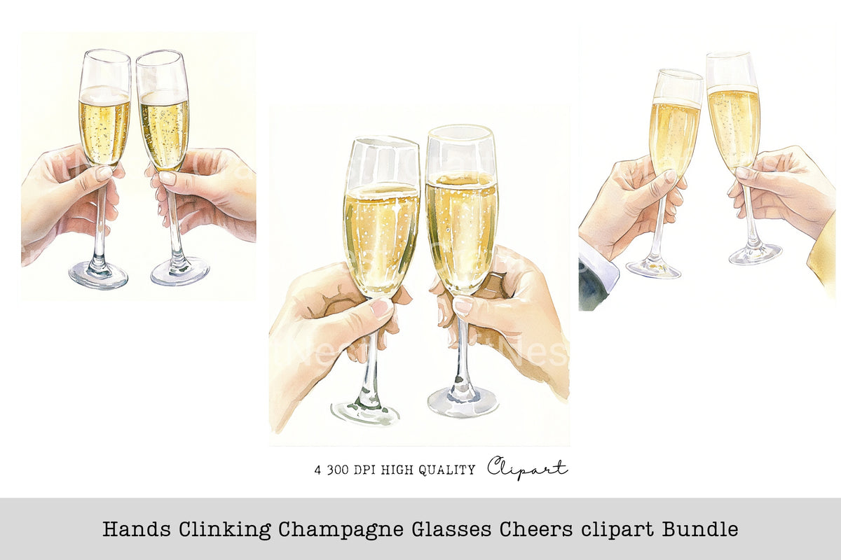Hands Clinking Champagne Glasses Cheers Clipart Bundle