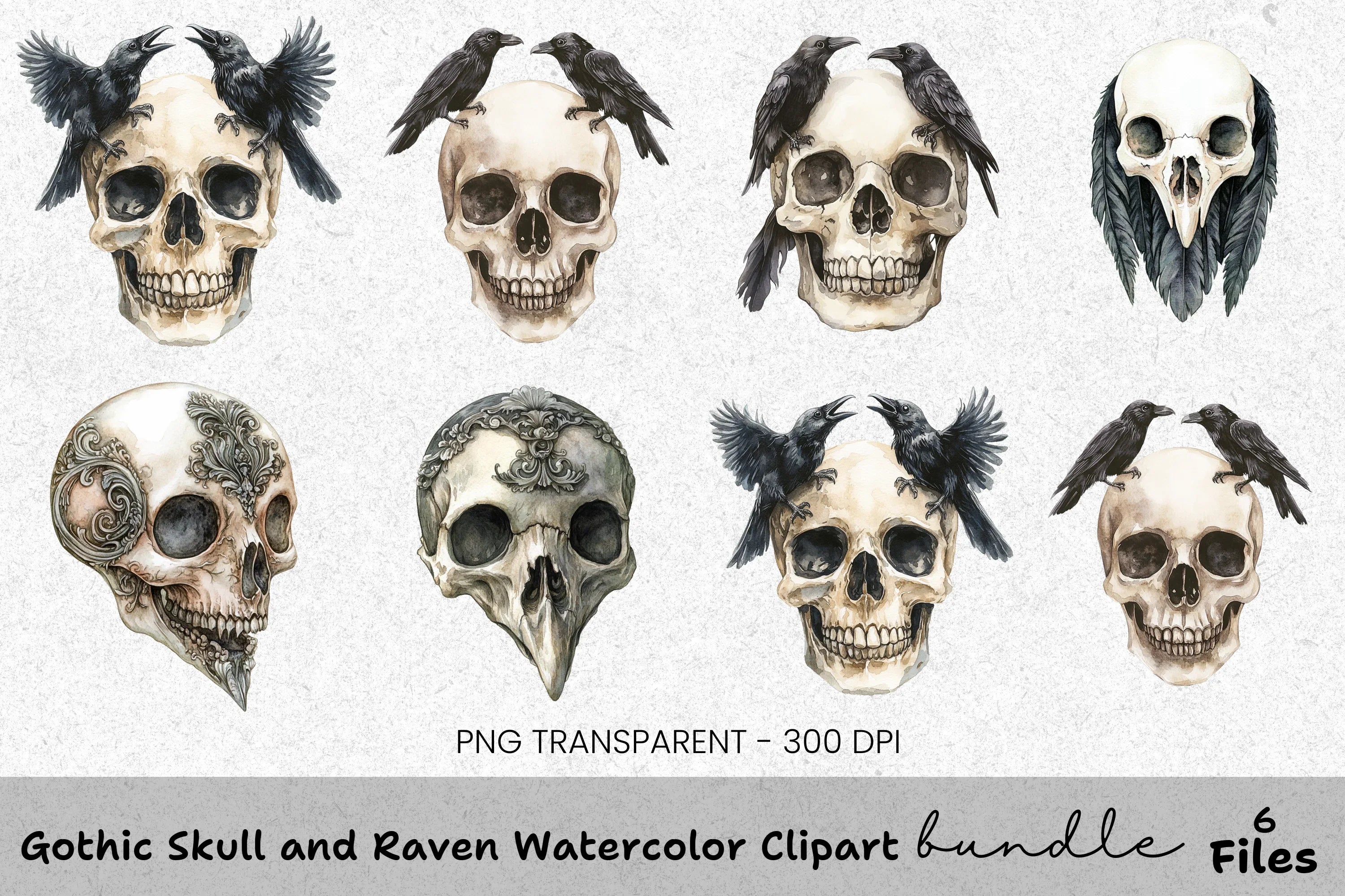 Gothic Skull and Raven Clipart Bundle