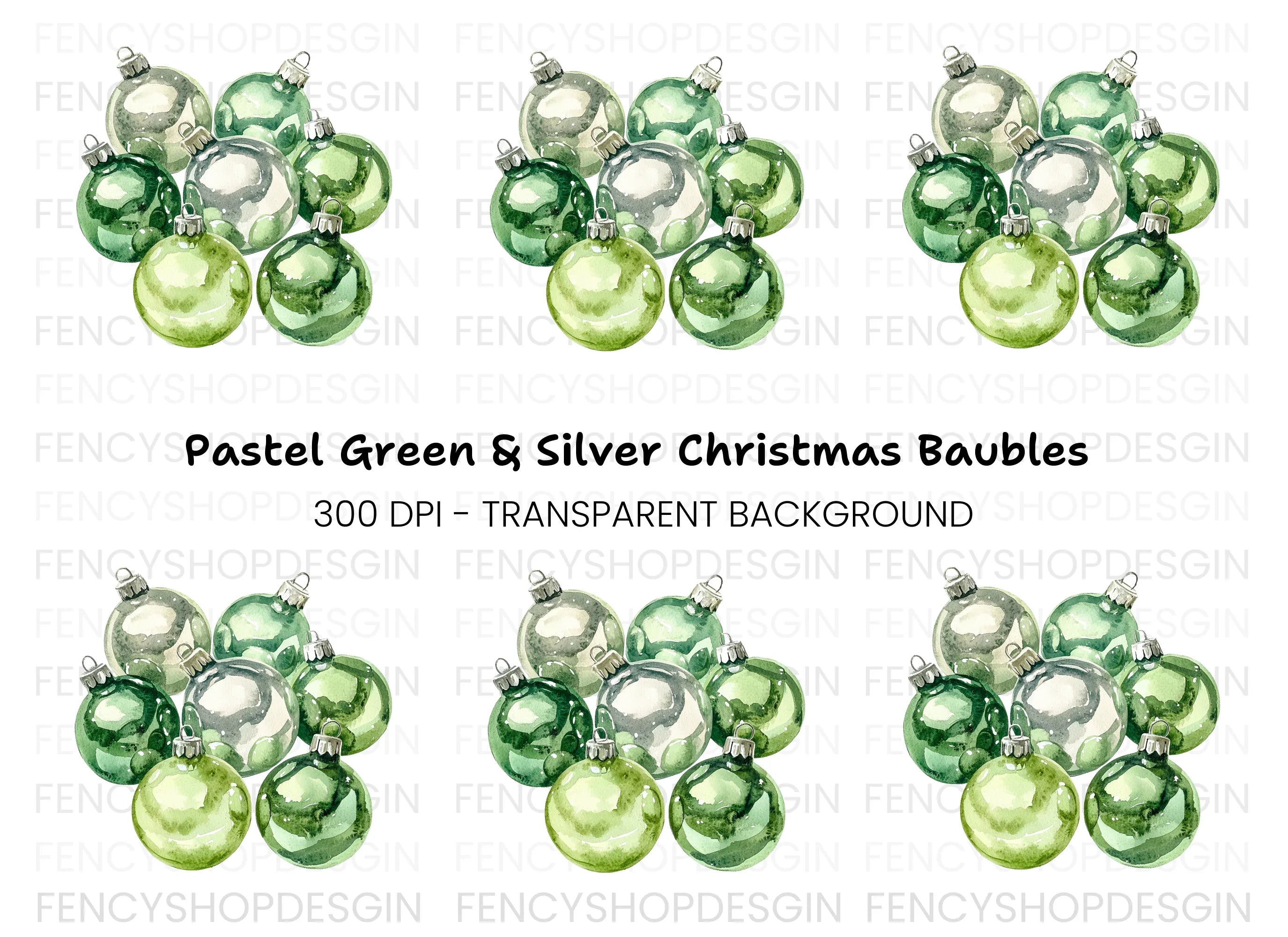 Pastel Green Silver Christmas Ornaments Clipart Bundle