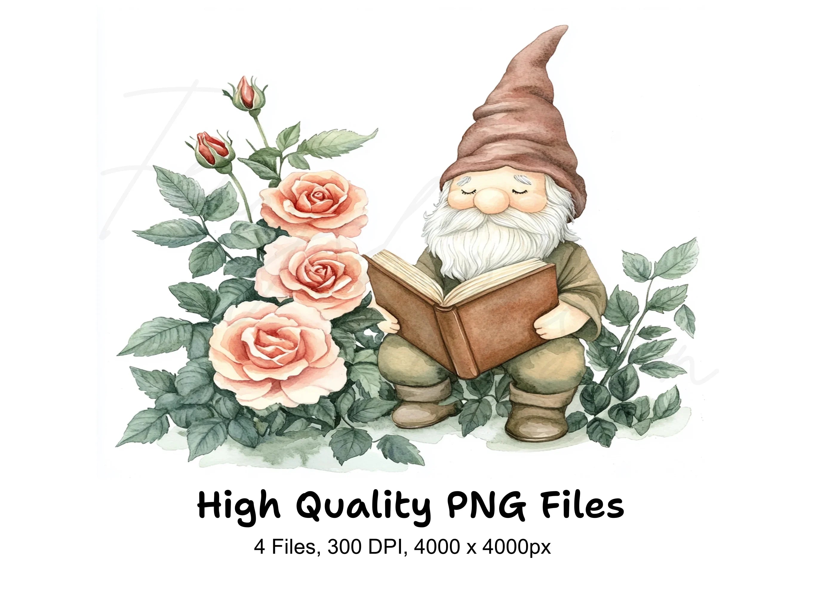 Gnome Reading Book with Rose Clipart Bundle
