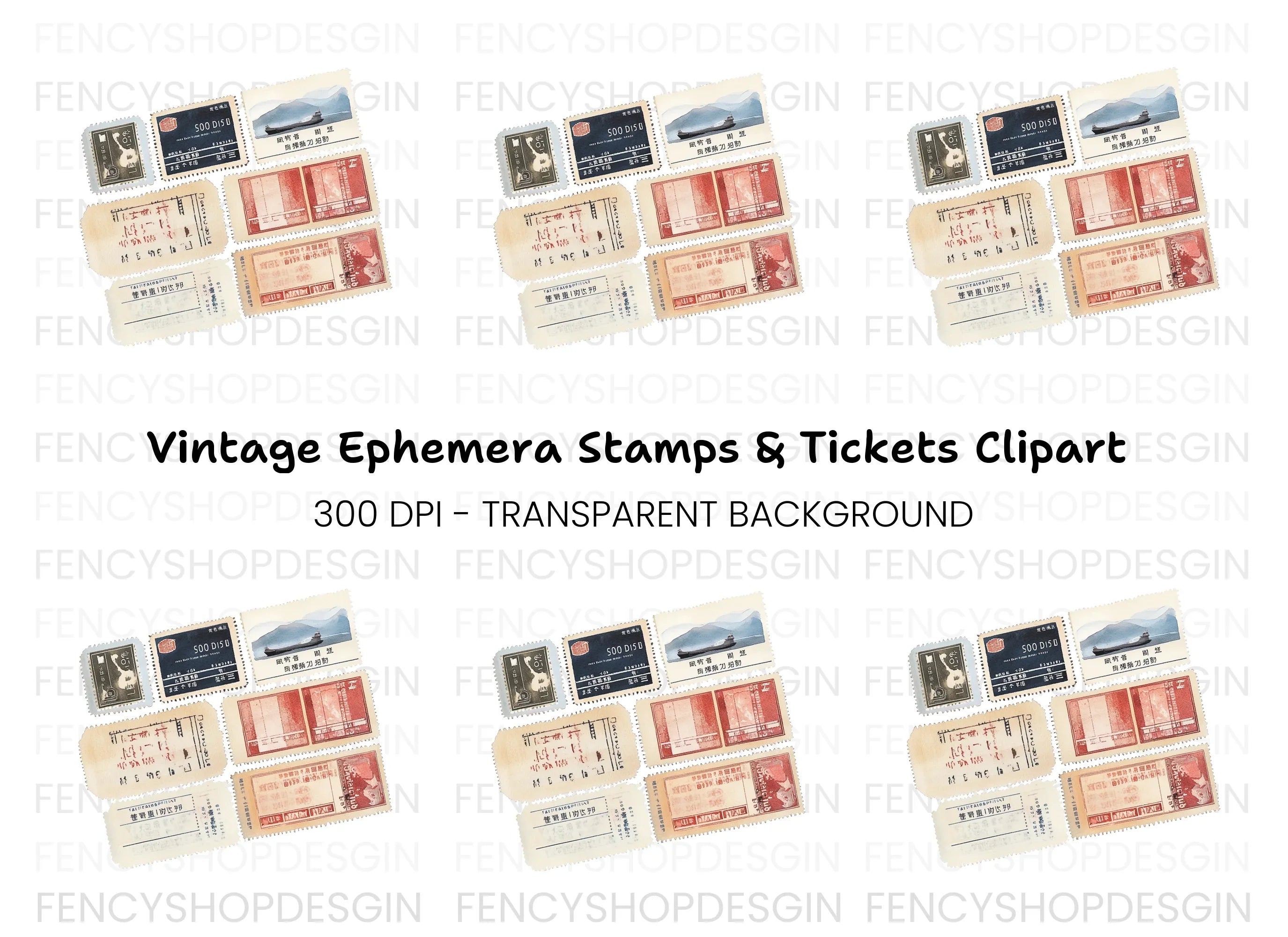 Vintage Asian Postage Stamps Clipart Bundle