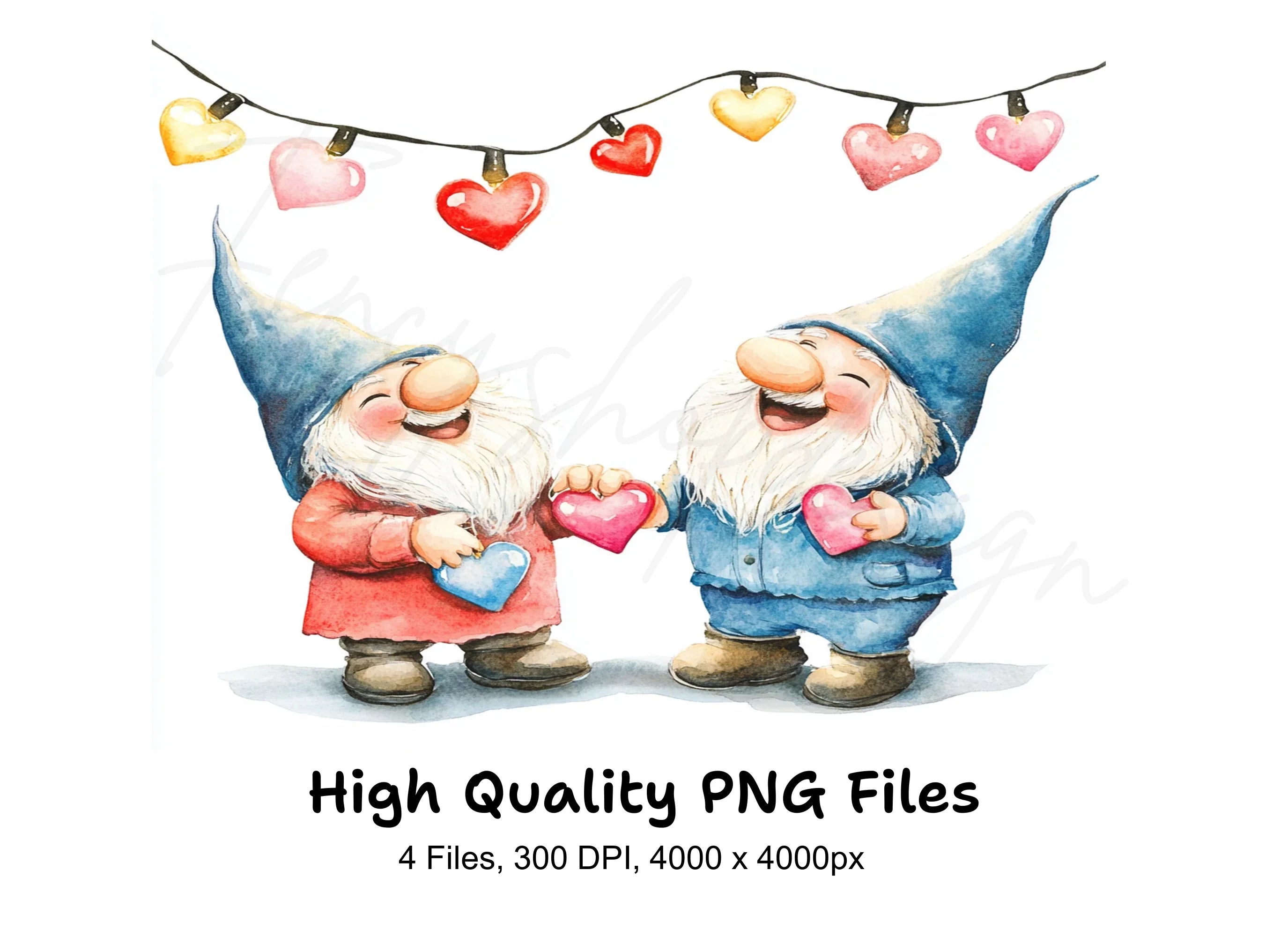 Happy Gnomes with Heart String Lights Clipart Bundle