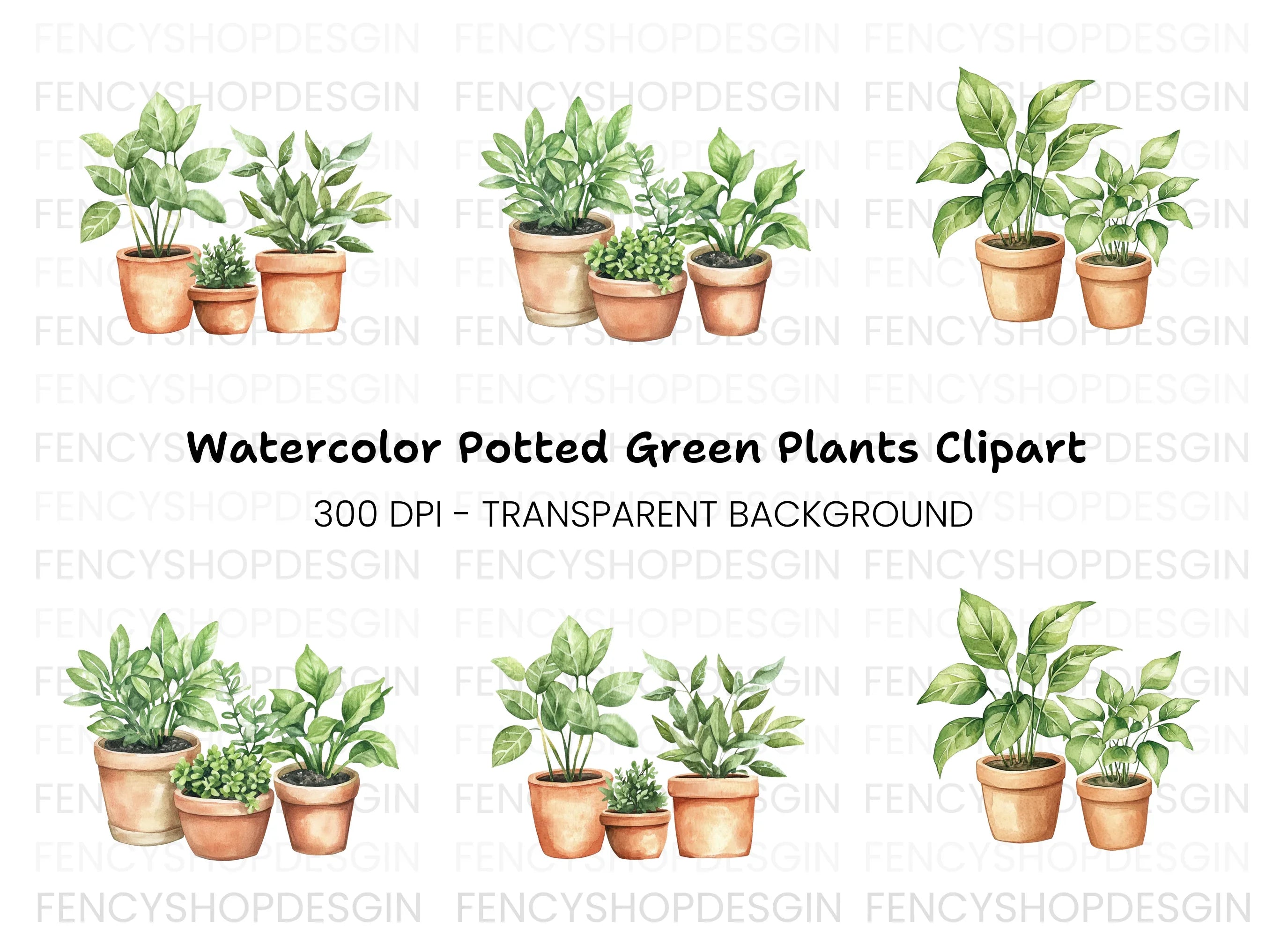 Green Potted Houseplants Clipart Bundle