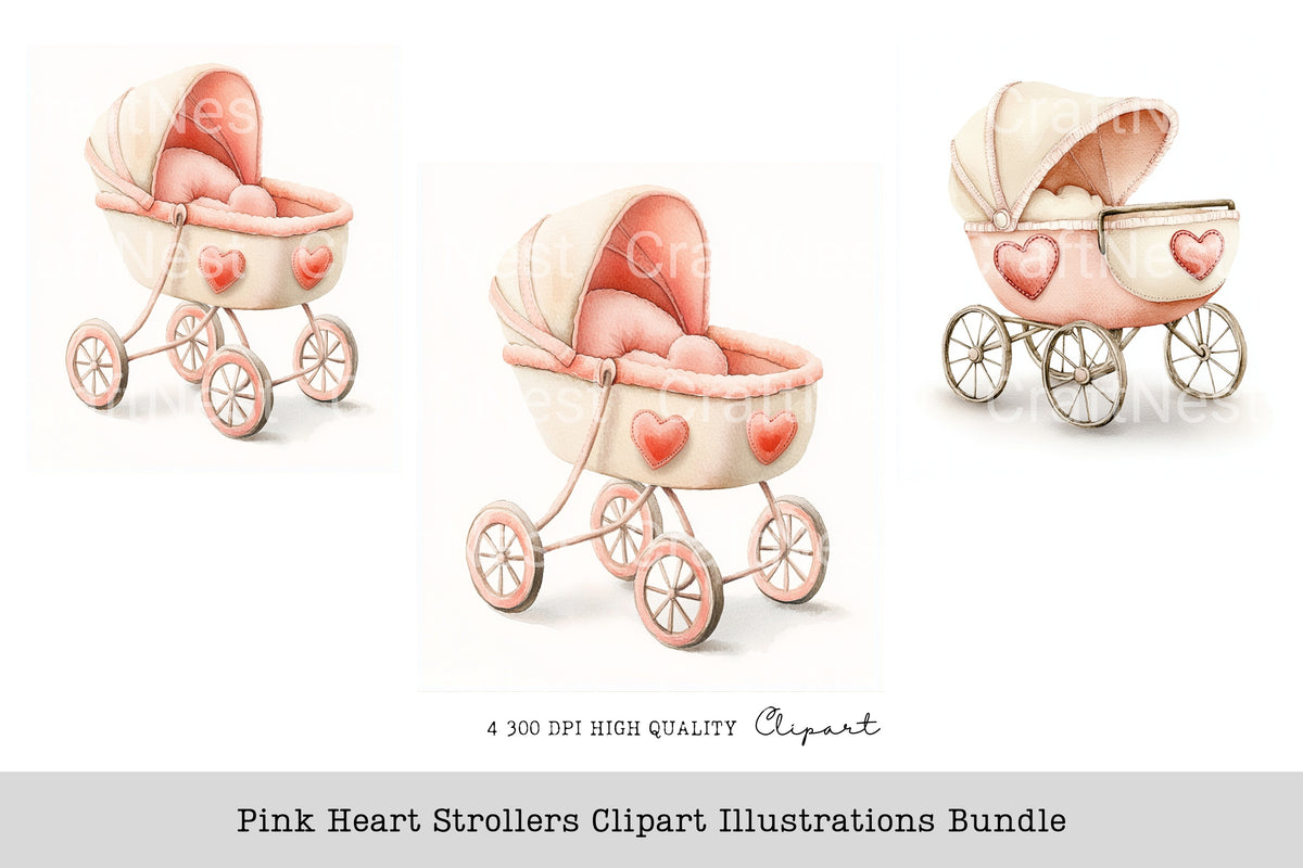 Pink Heart Strollers Illustrations Clipart Bundle
