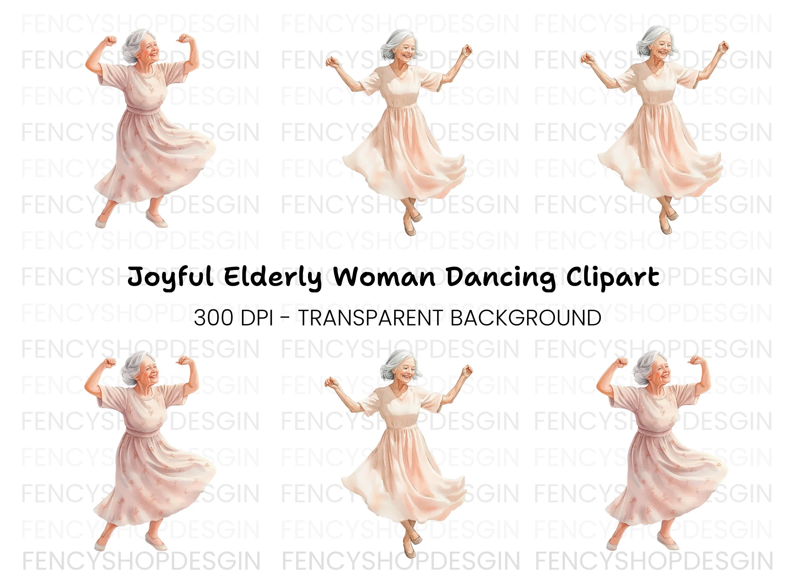 Happy Elderly Woman Dancing Clipart Bundle
