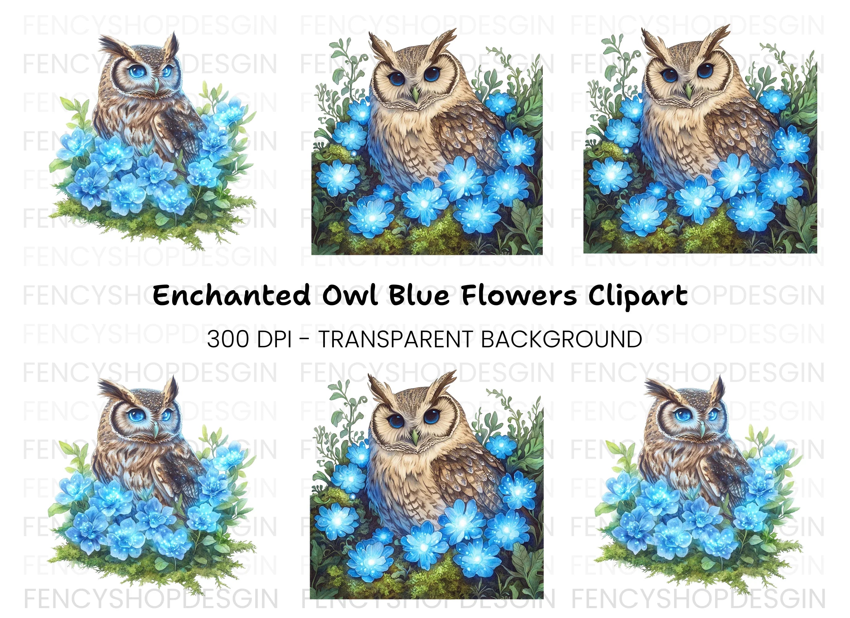 Enchanted Owl with Glowing Blue Flowers Clipart Bundle