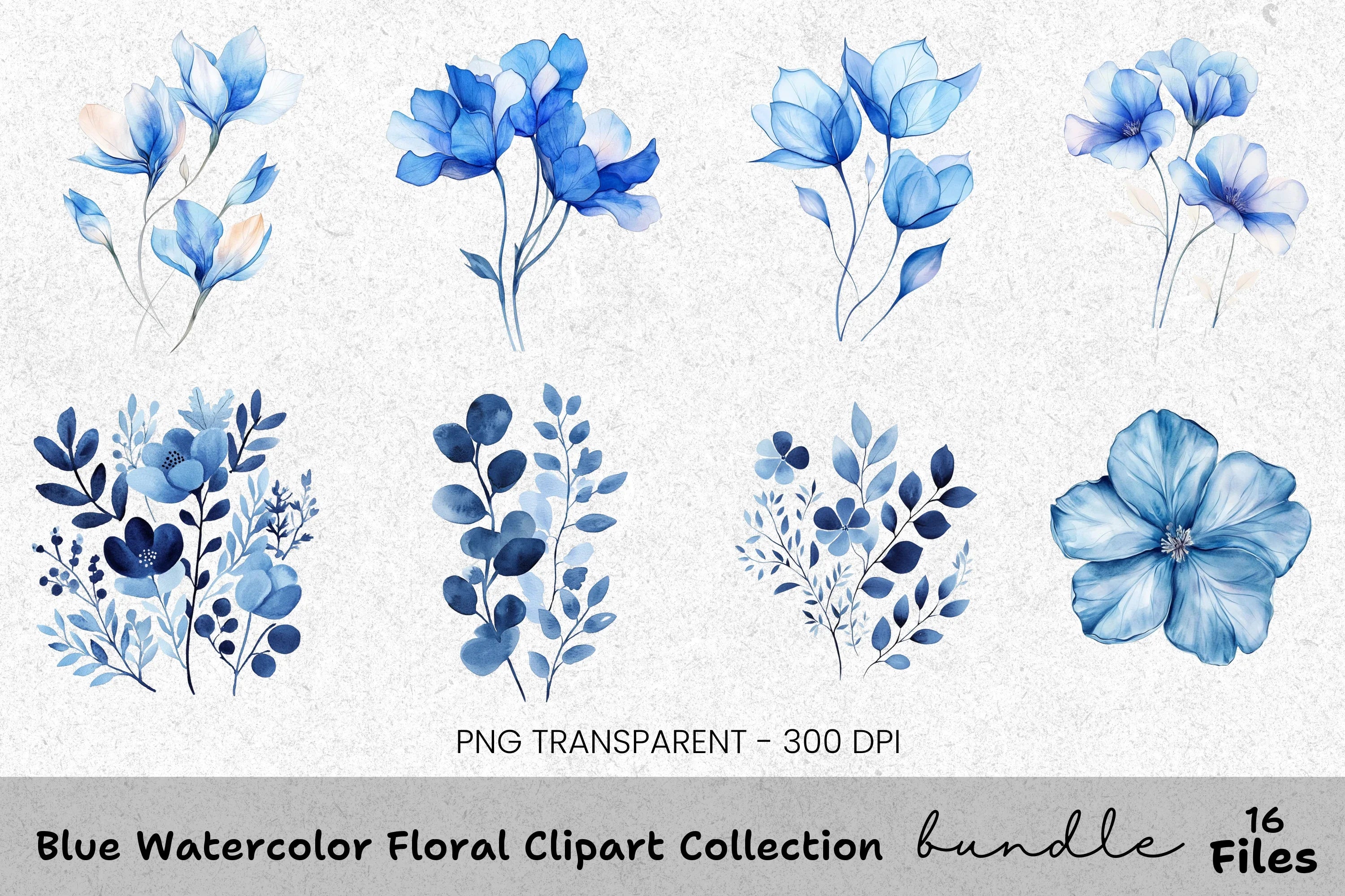 Blue Floral Clipart Bundle