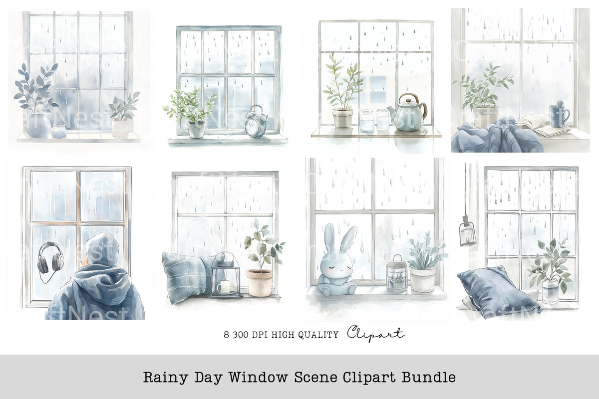 Rainy Day Window Scene Clipart Bundle