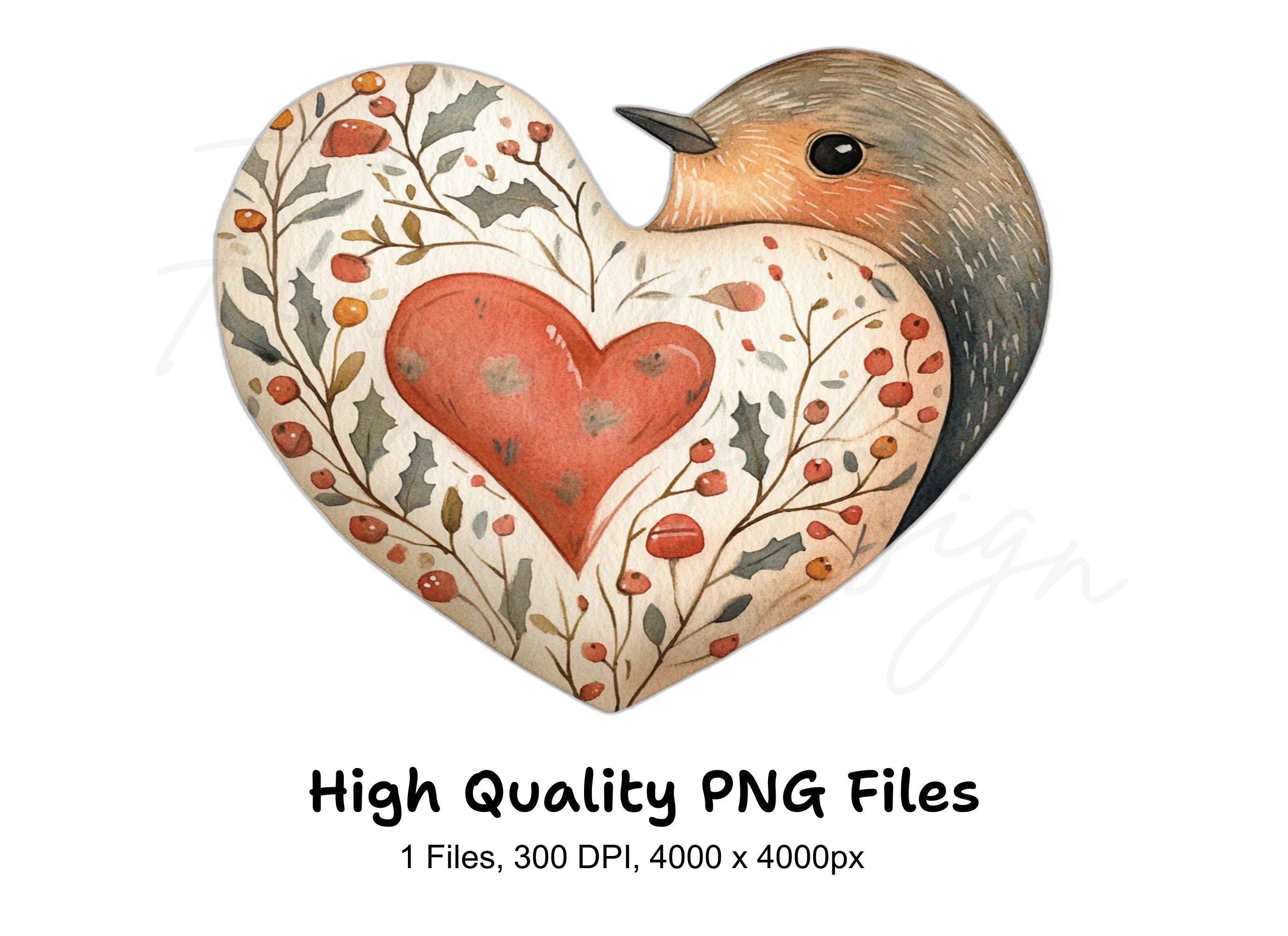 Robin with Floral Heart Clipart Bundle