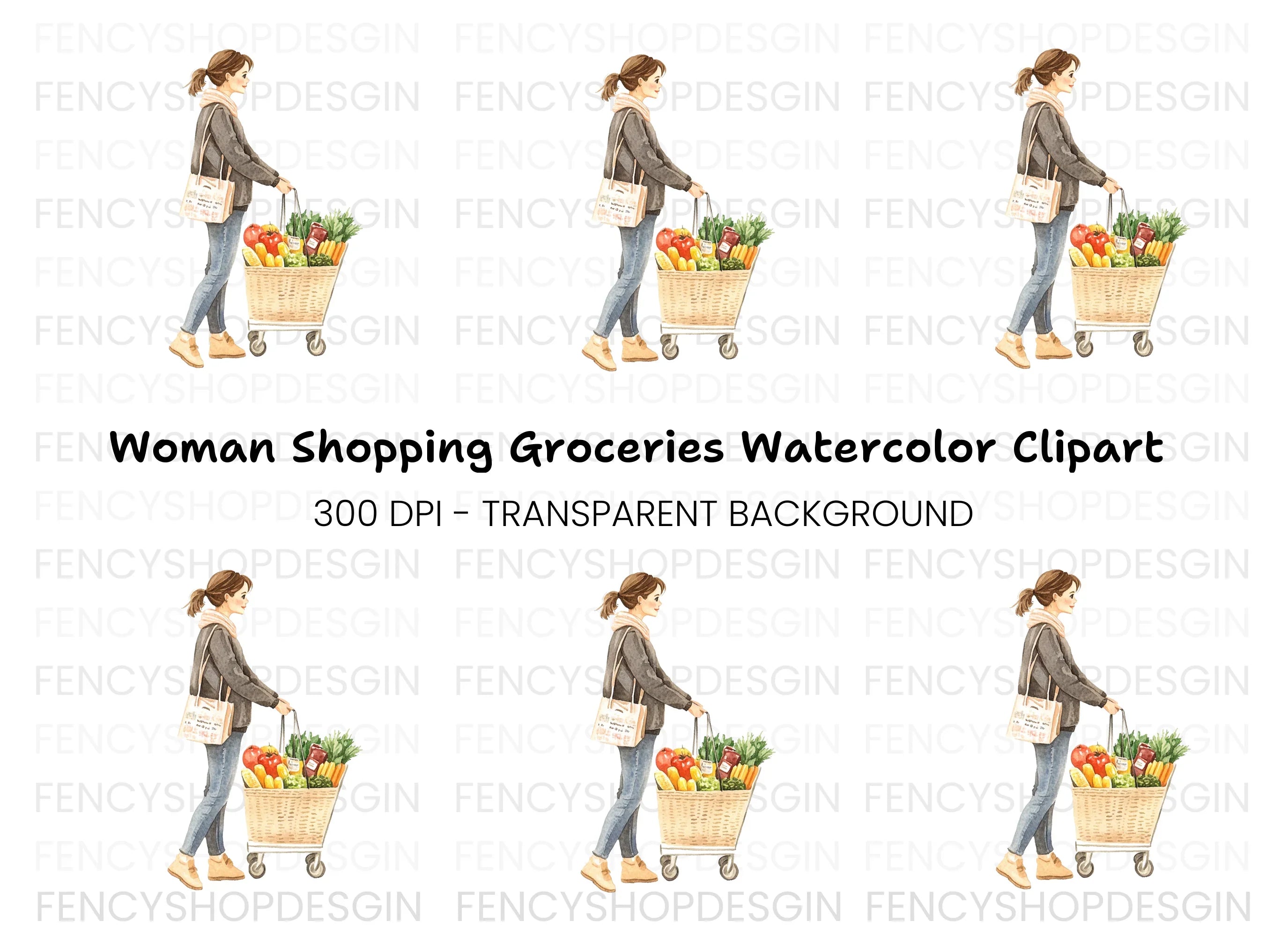 Woman Shopping with Grocery Cart Clipart Bundle