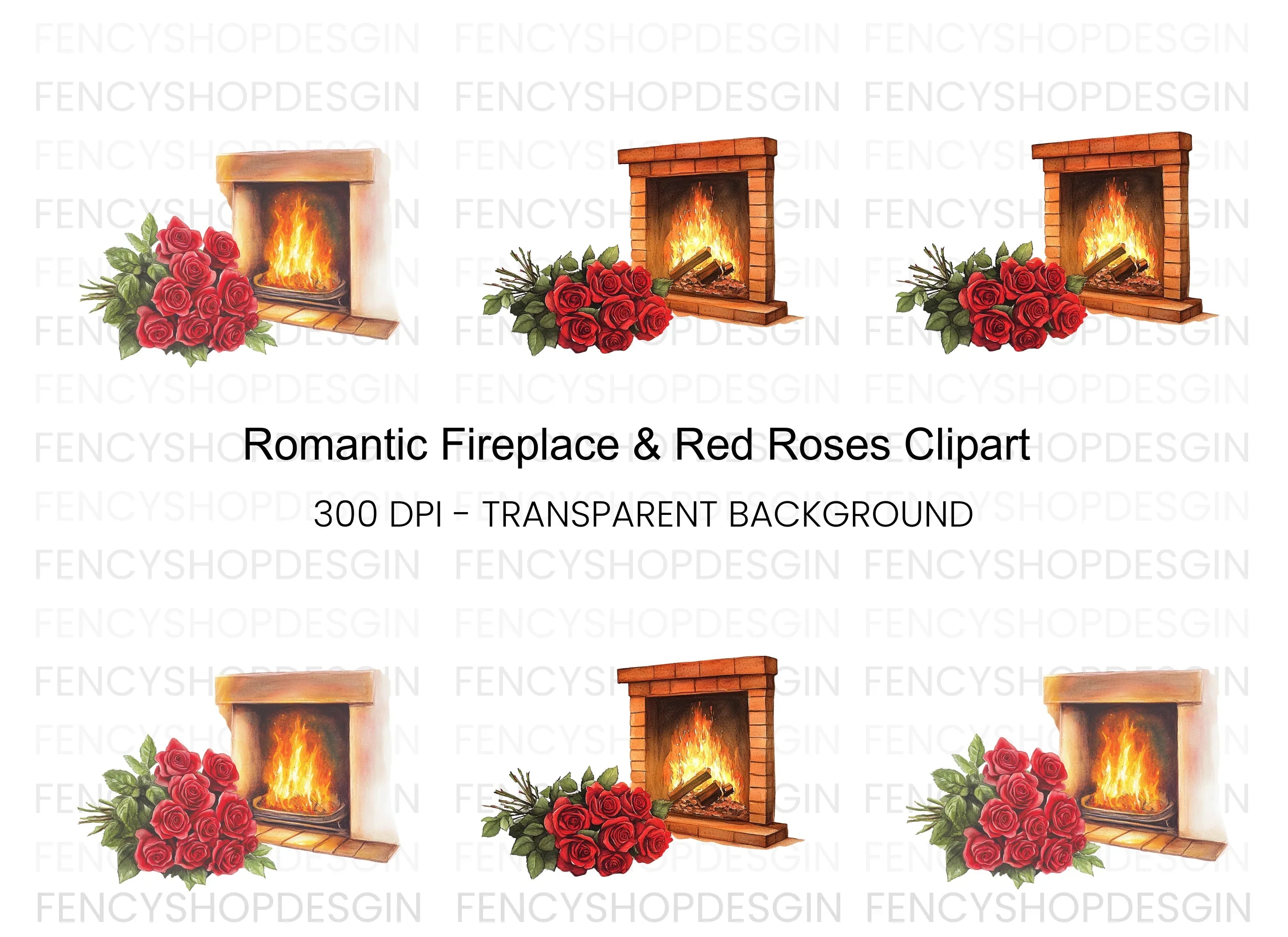 Cozy Fireplace with Red Roses Clipart Bundle