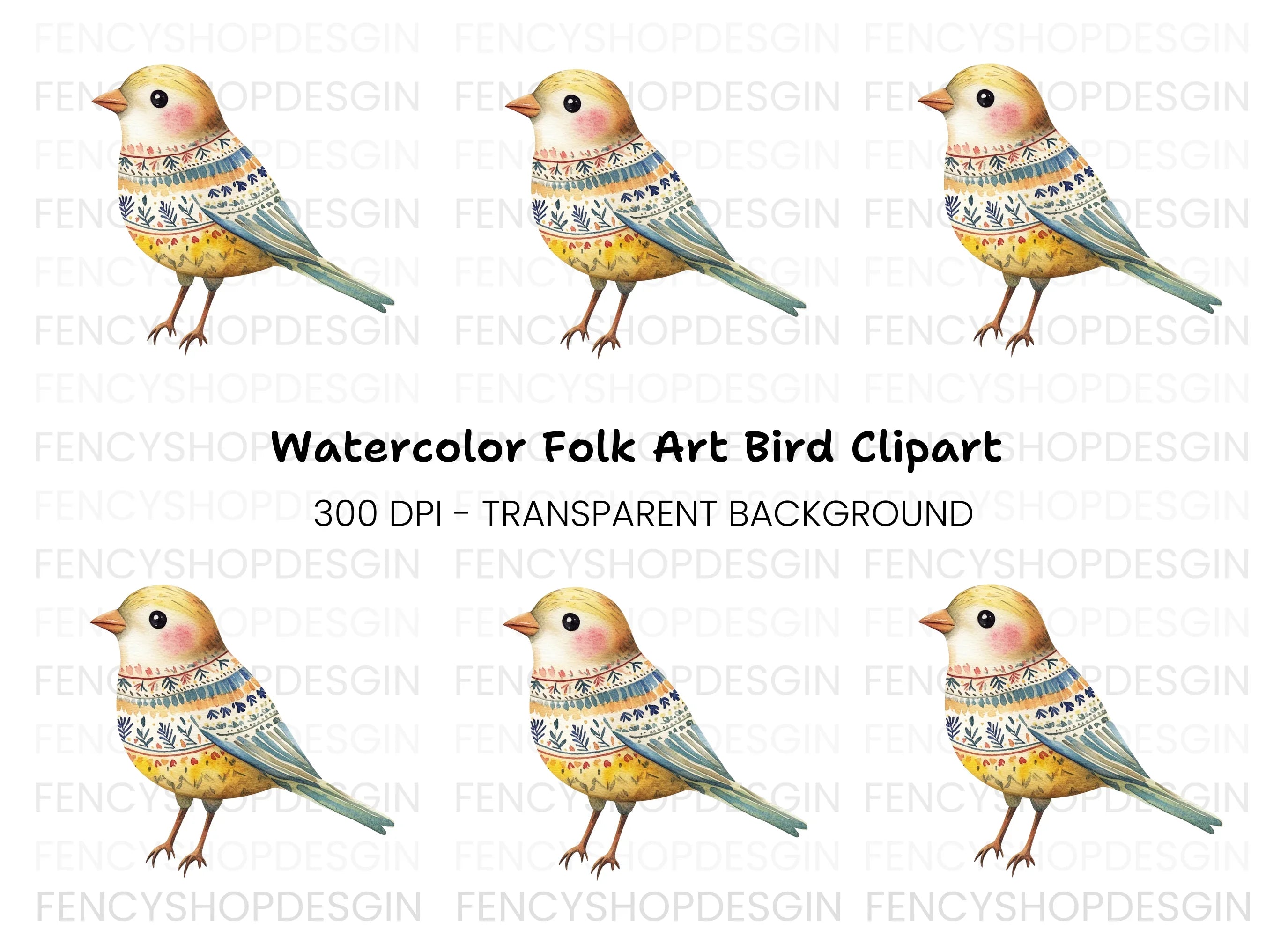 Colorful Folk Bird Clipart Bundle