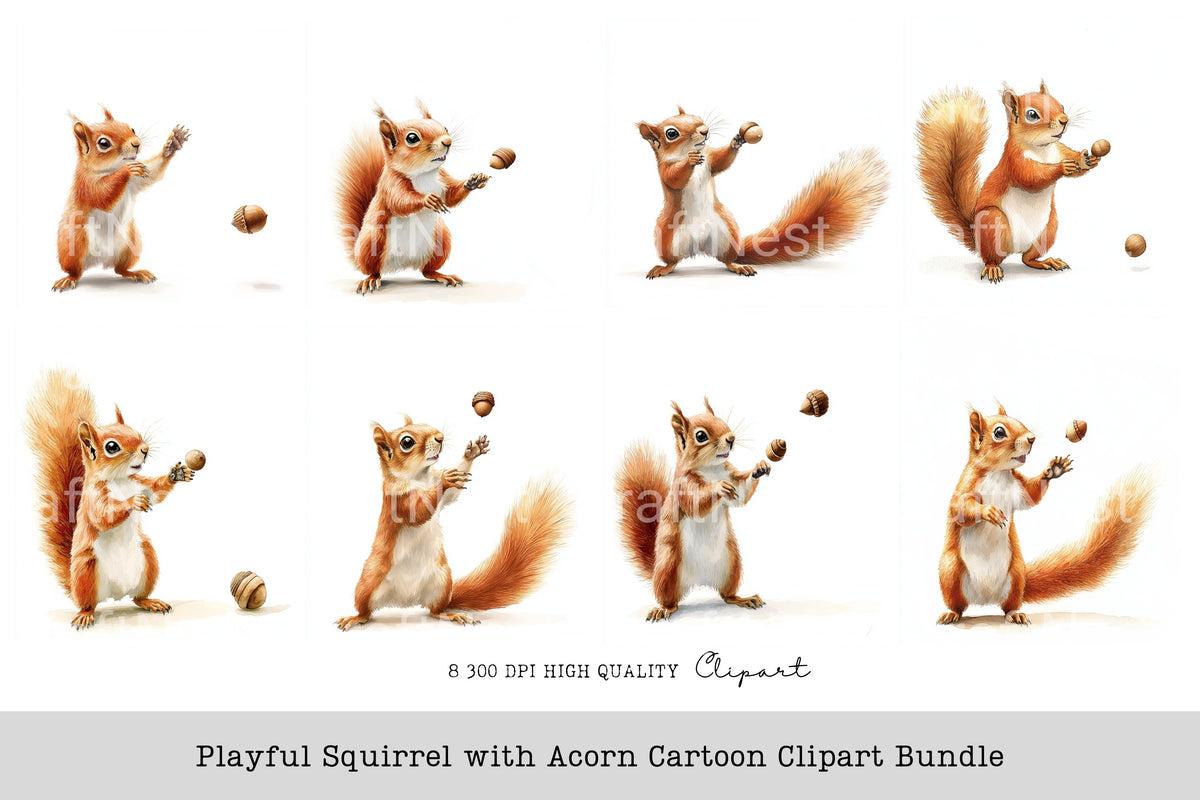 Playful Squirrel With Acorn Cartoon Clipart Bundle