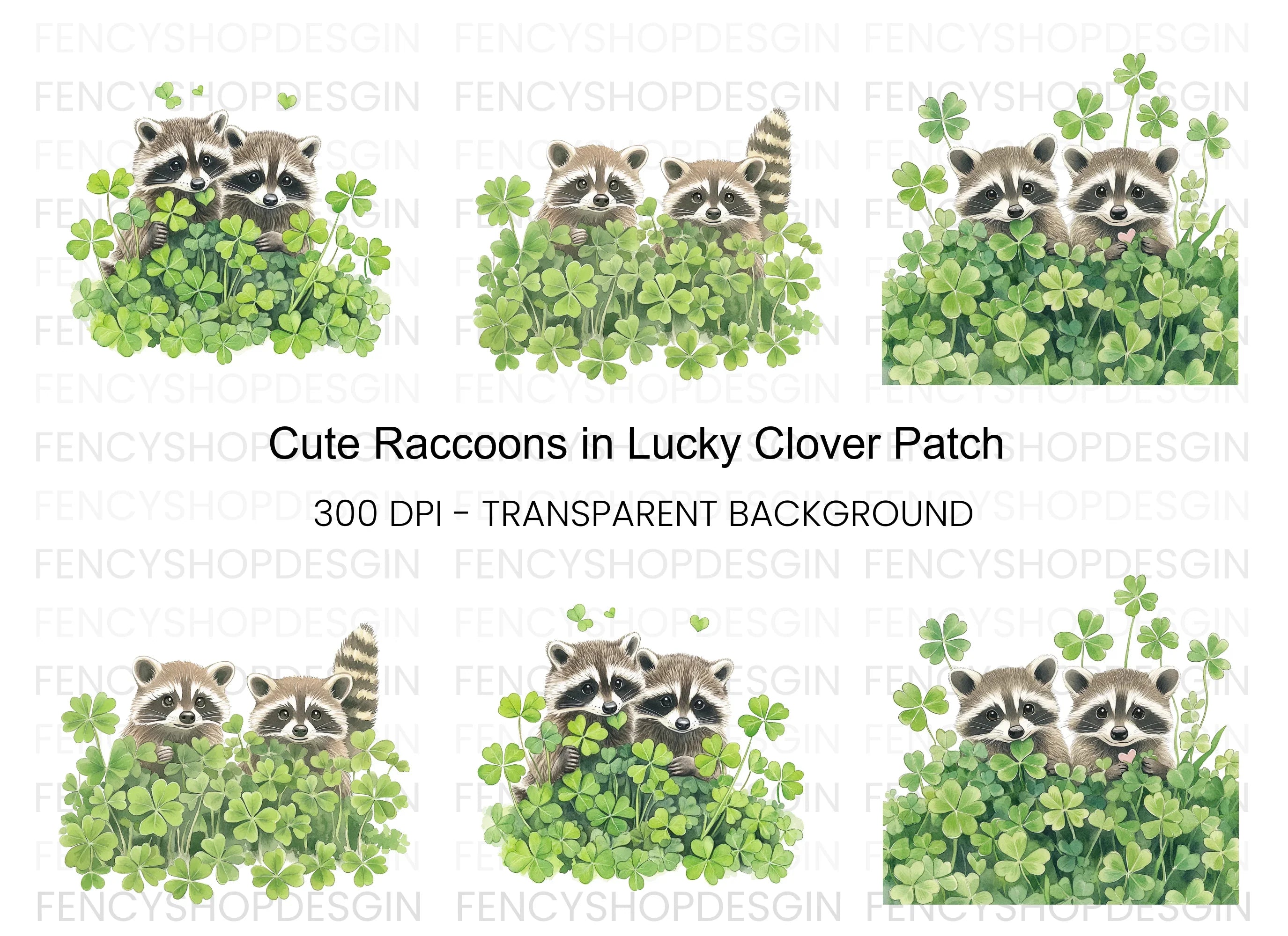 Cute Raccoons in Lucky Clover Clipart Bundle