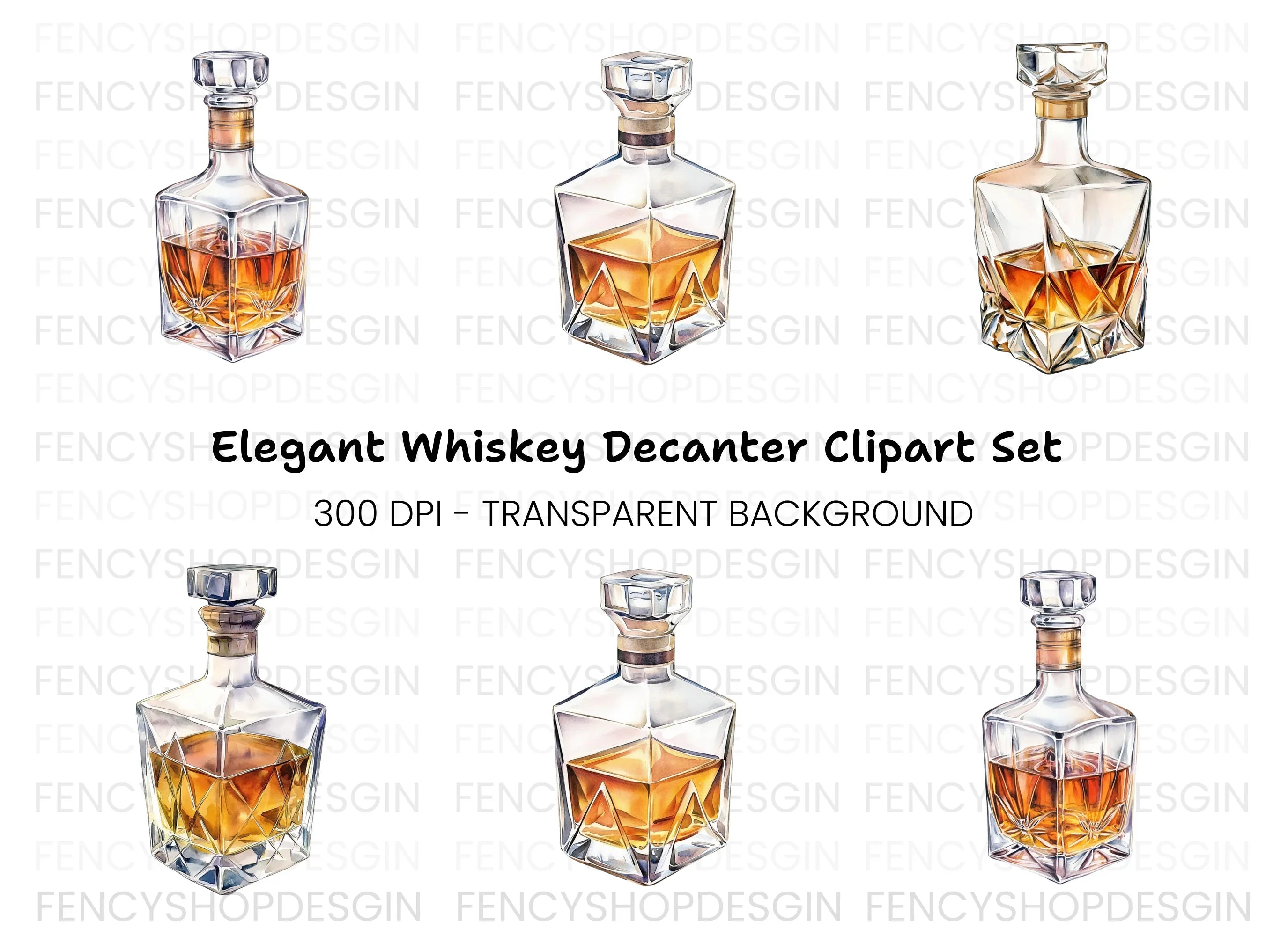 Elegant Whiskey Decanters Clipart Bundle