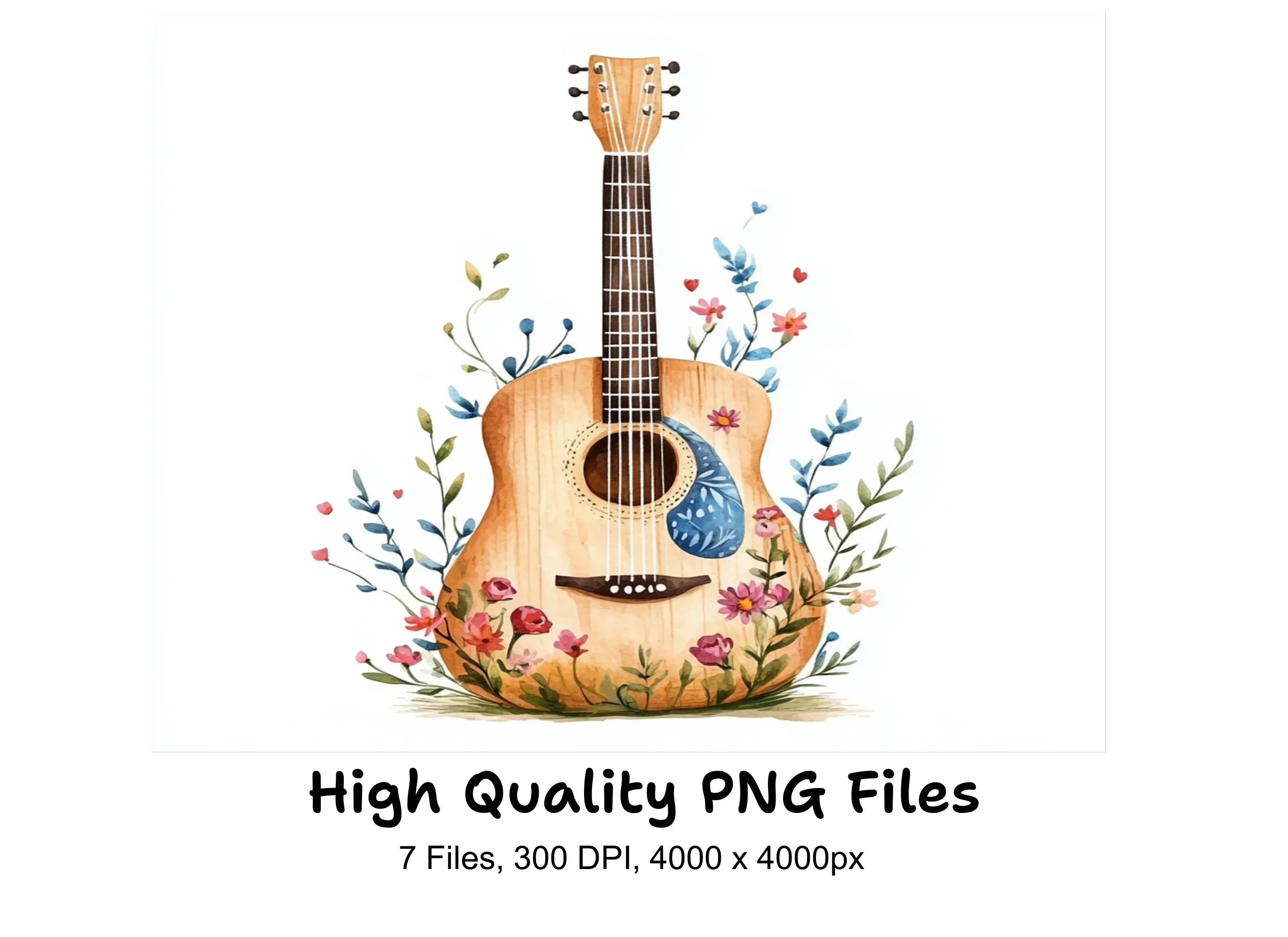 Acoustic Guitar with Flowers Clipart Bundle