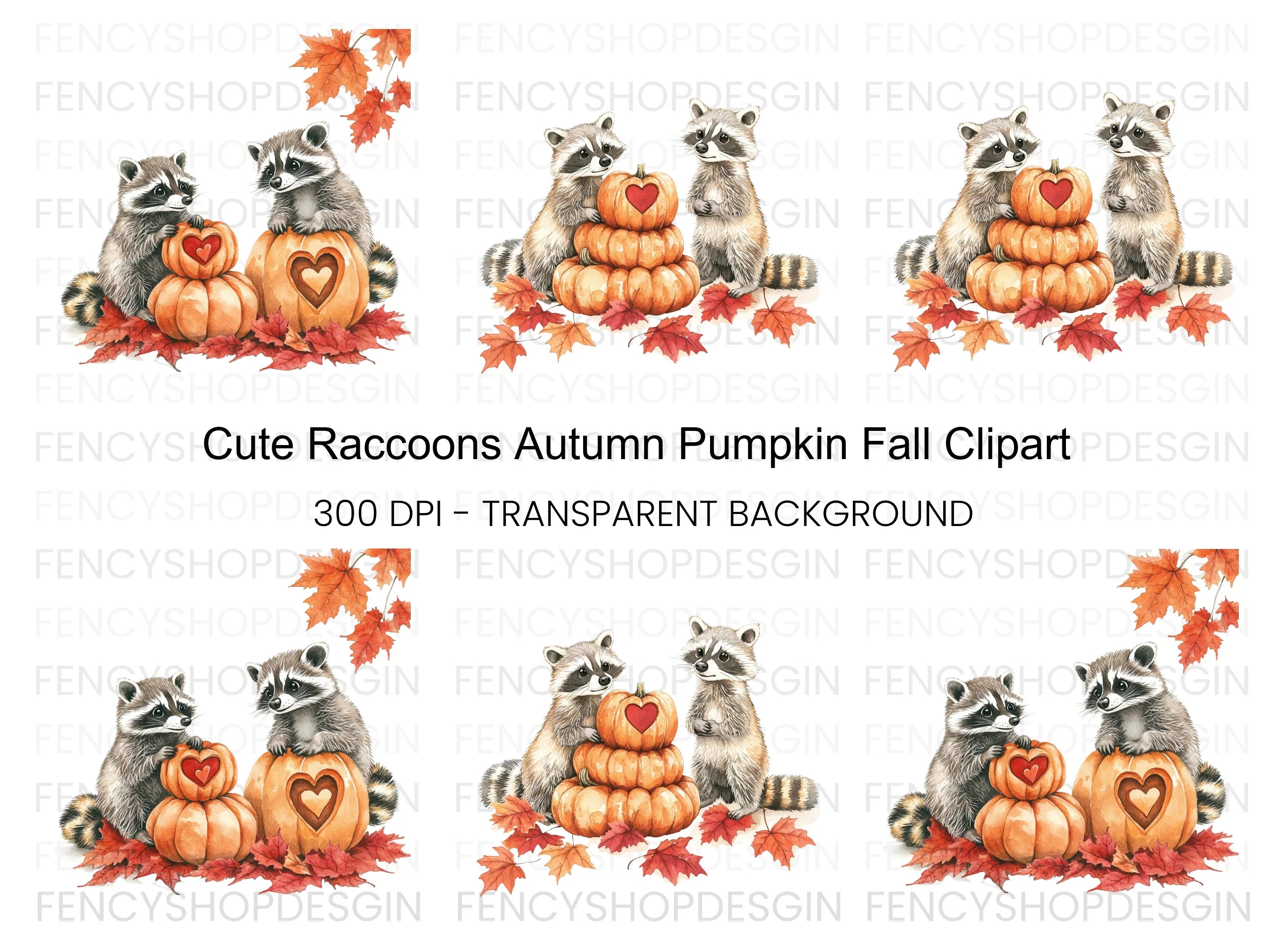 Autumn Raccoons with Pumpkin Clipart Bundle