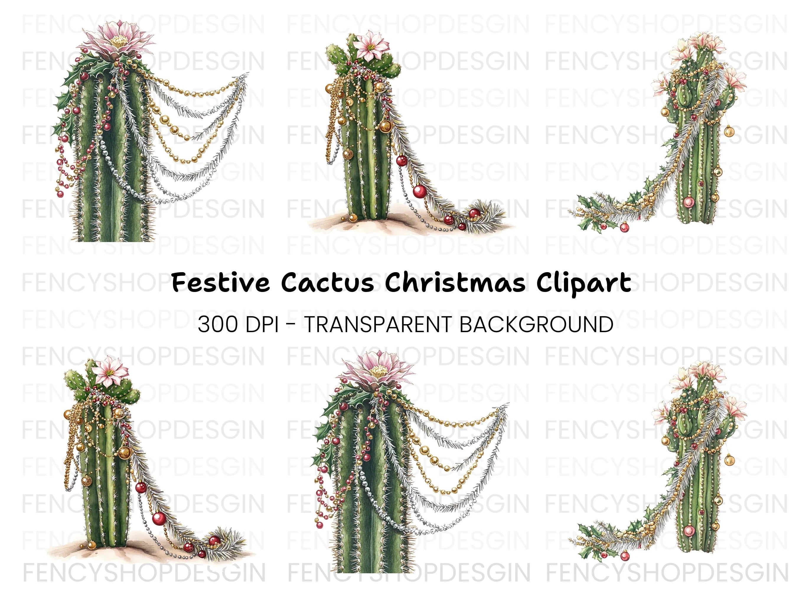 Decorated Christmas Cactus Clipart Bundle
