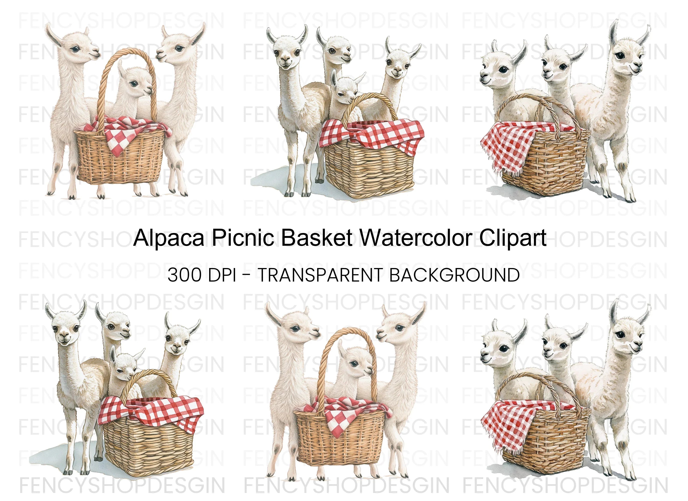 Playful Alpaca Picnic Basket Clipart Bundle