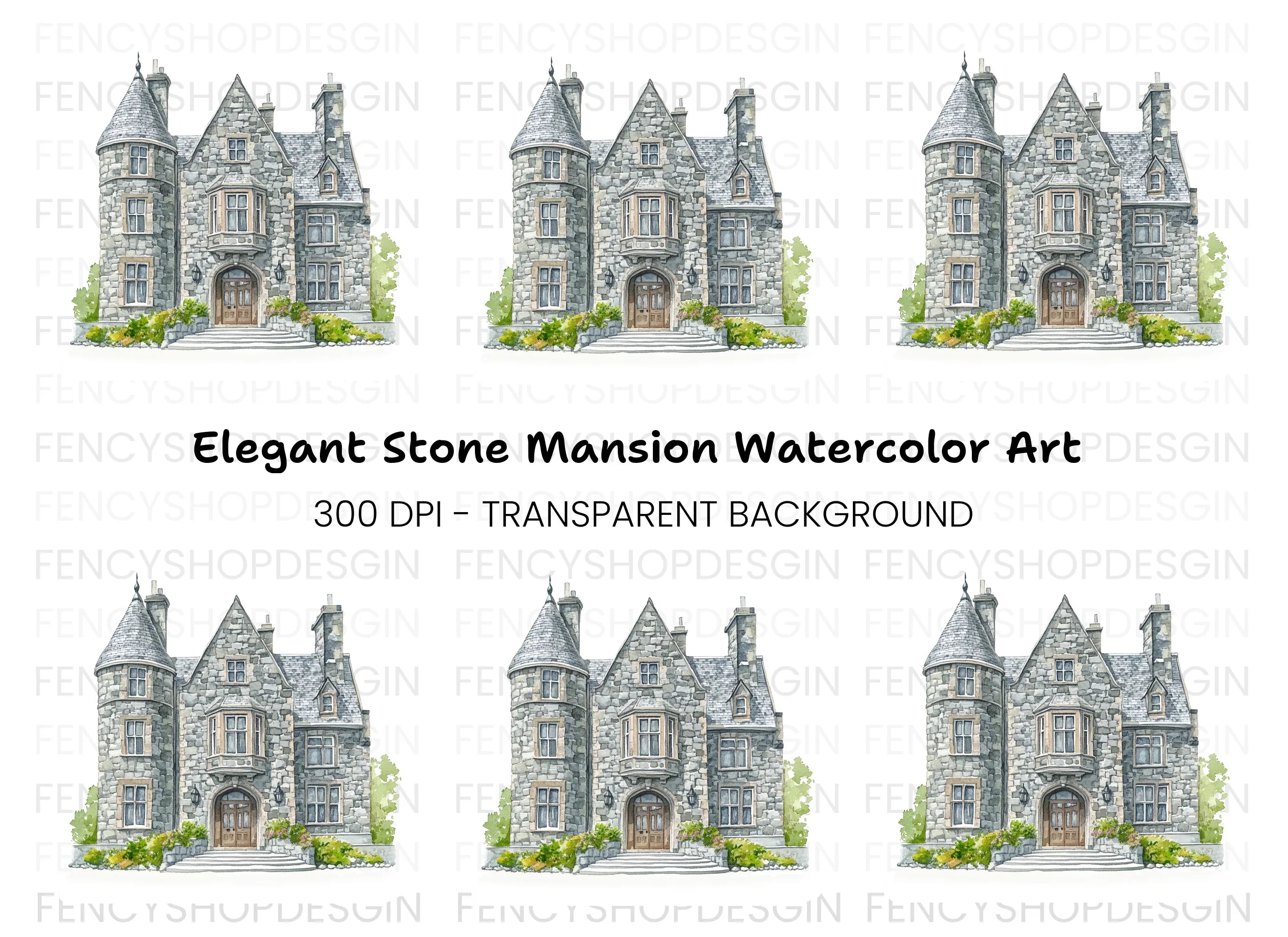 Elegant Stone Manor House Clipart Bundle