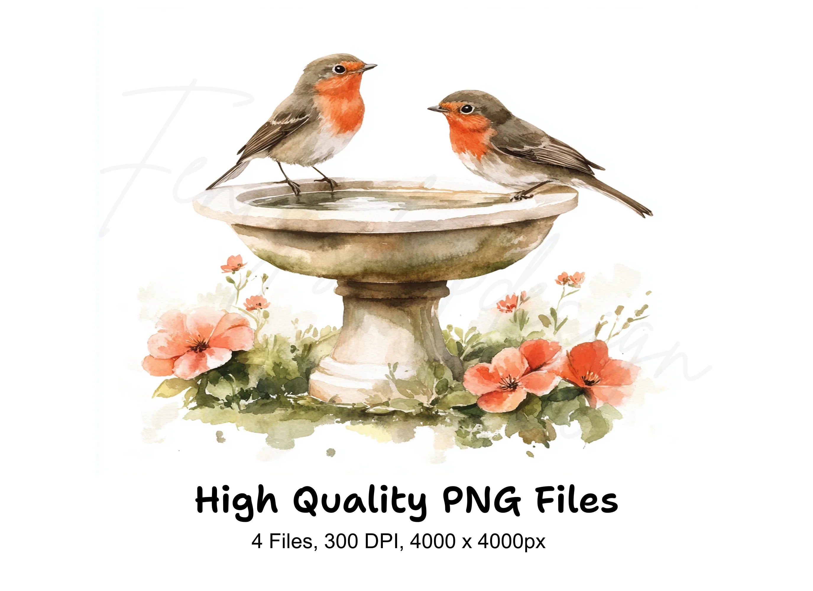 Robin Birds on Bird Bath Clipart Bundle