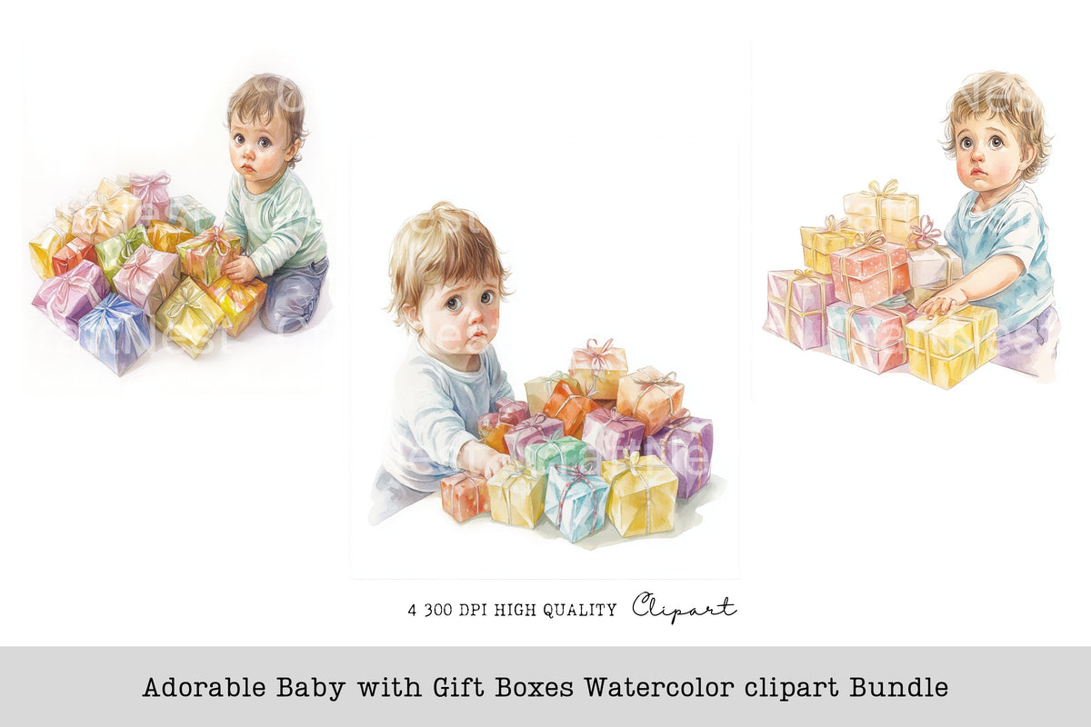 Adorable Baby With Gift Boxes Clipart Bundle