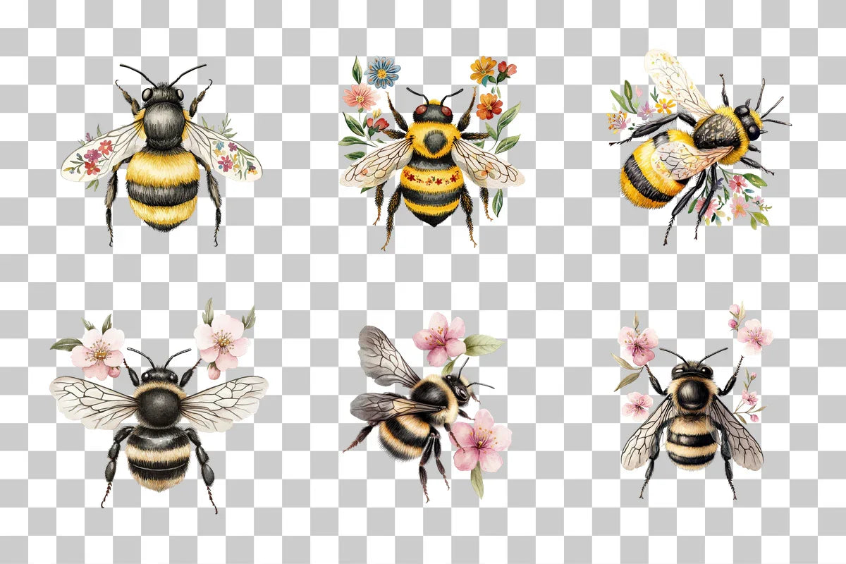 Folk Art Bee with Florals Clipart Bundle - CraftNest - Digital Crafting and Art