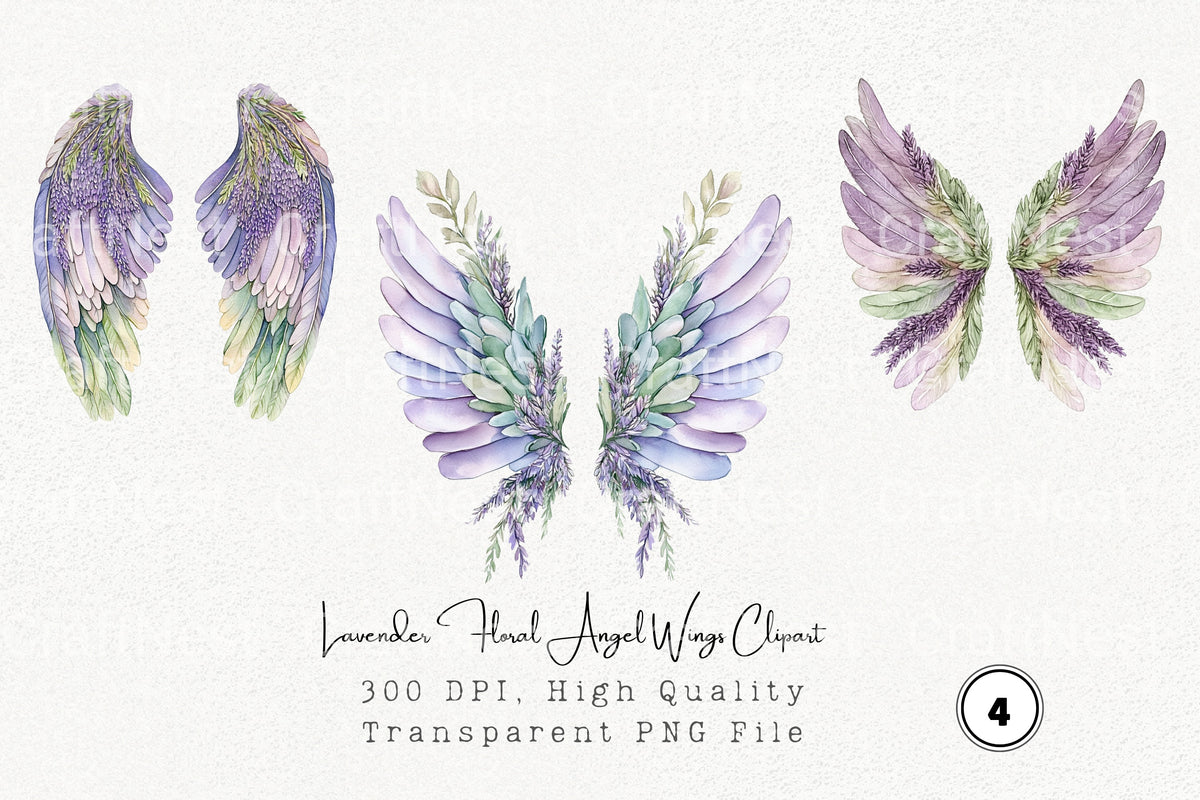 Lavender Floral Angel Wings Clipart Bundle