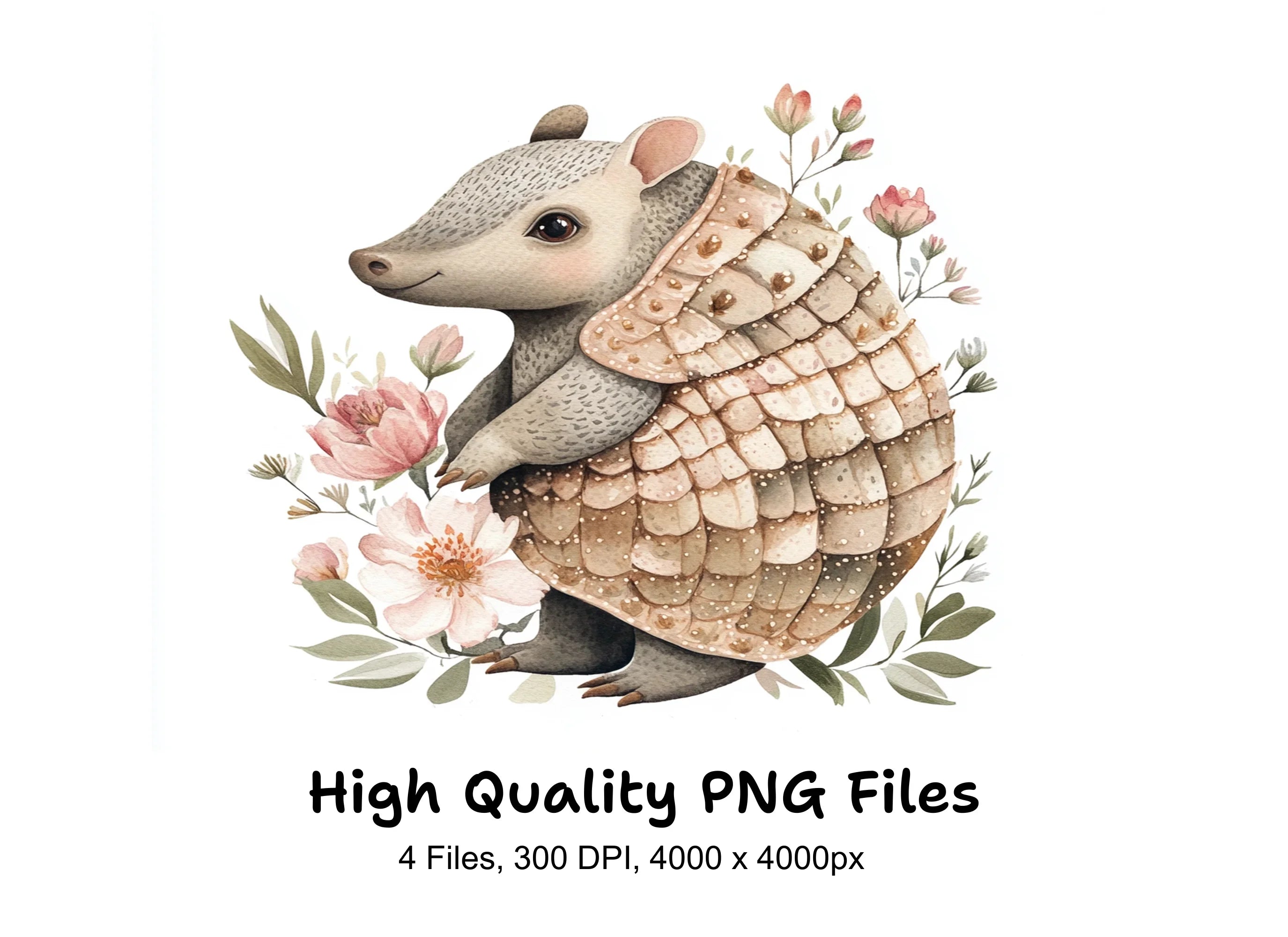 Cute Armadillo with Flowers Clipart Bundle