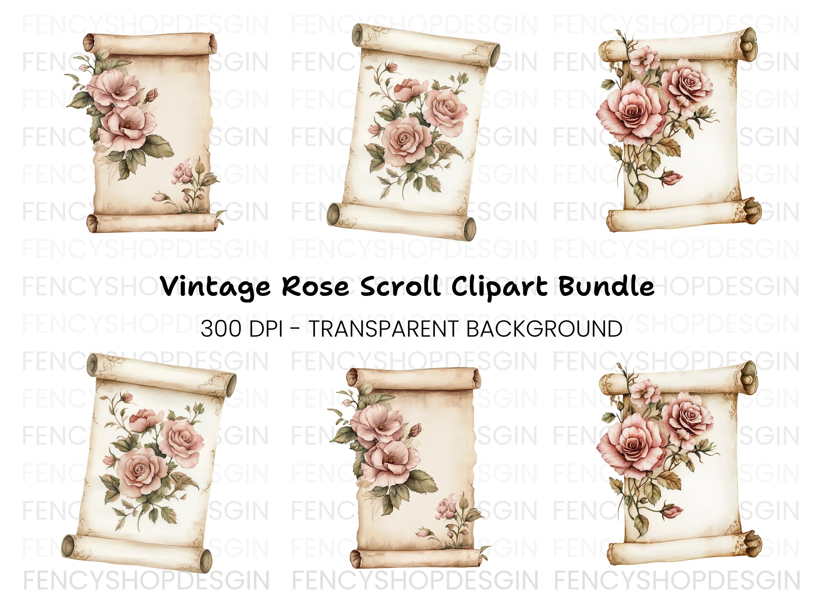 Vintage Rose Scroll Clipart Bundle