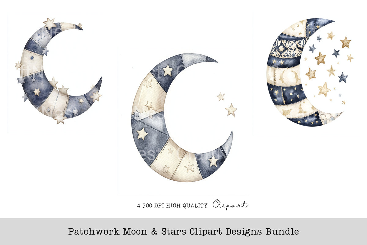 Patchwork Moon Stars Designs Clipart Bundle