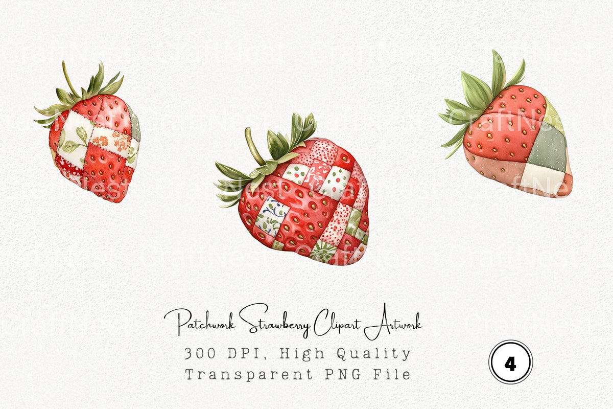 Patchwork Strawberry Artwork Clipart Bundle