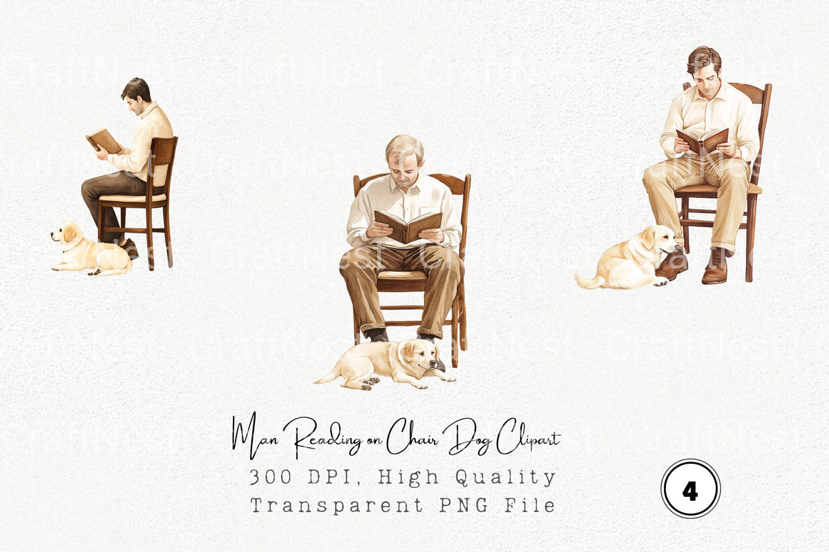 Man Reading On Chair Dog Clipart Bundle