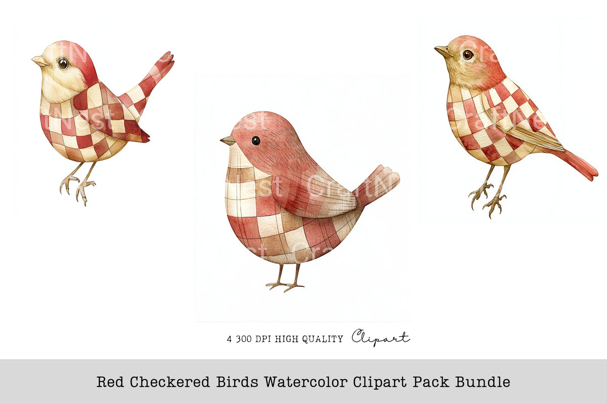 Red Checkered Birds Clipart Bundle