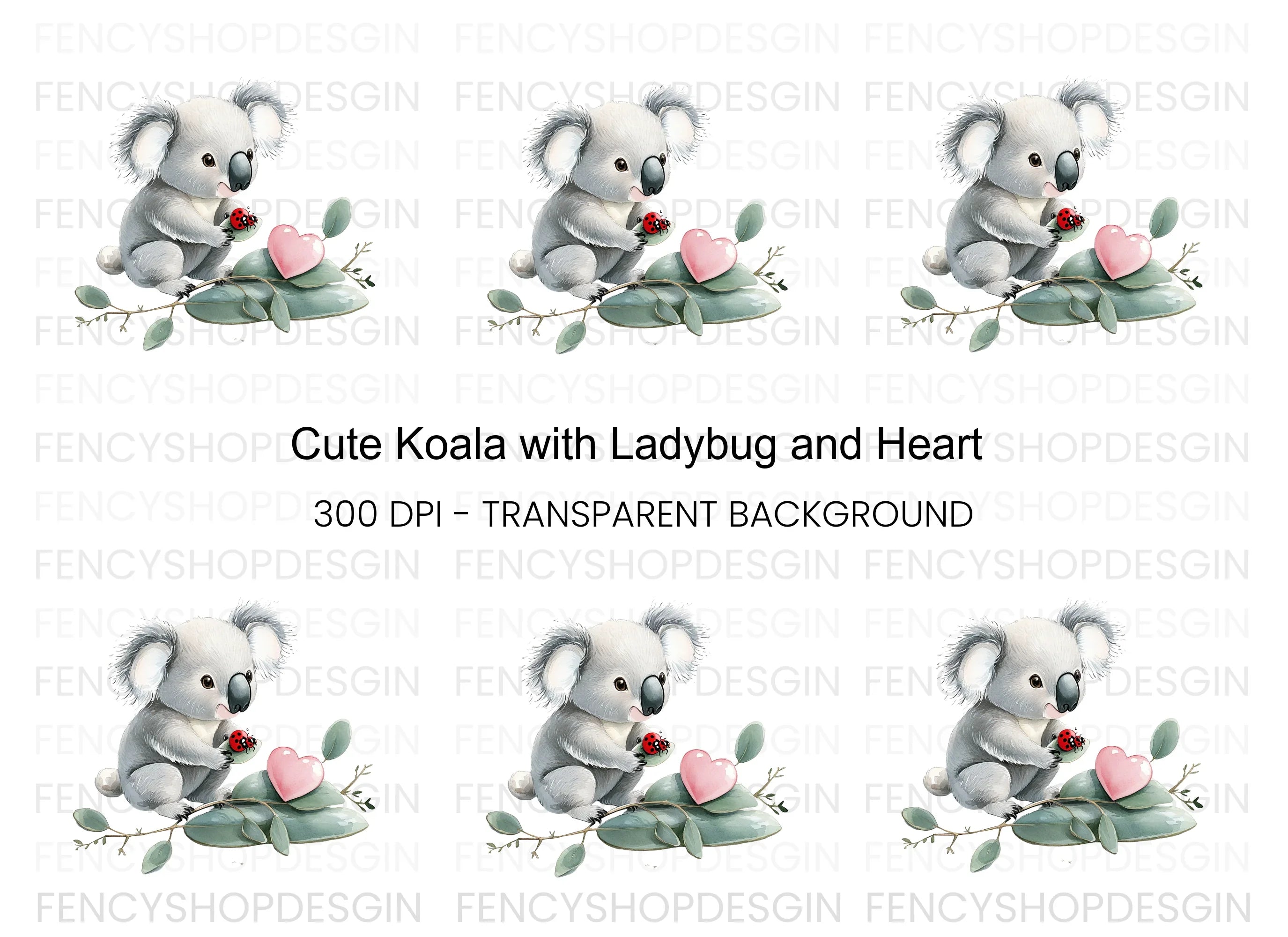 Cute Koala with Ladybug and Heart Clipart Bundle