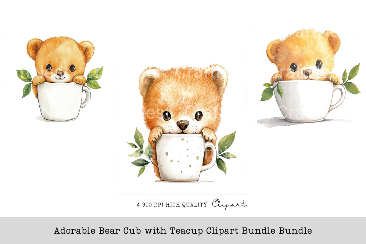 Adorable Bear Cub With Teacup Clipart Bundle