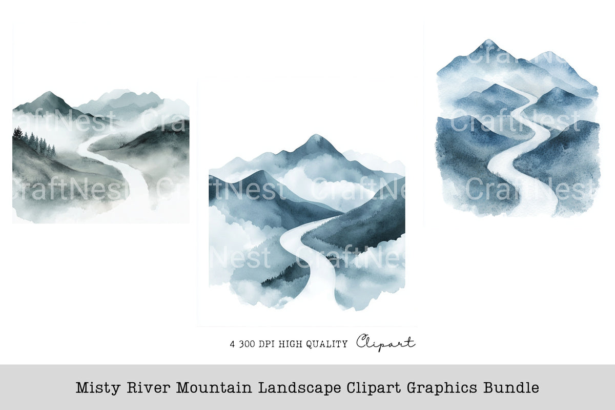 Misty River Mountain Landscape Graphics Clipart Bundle