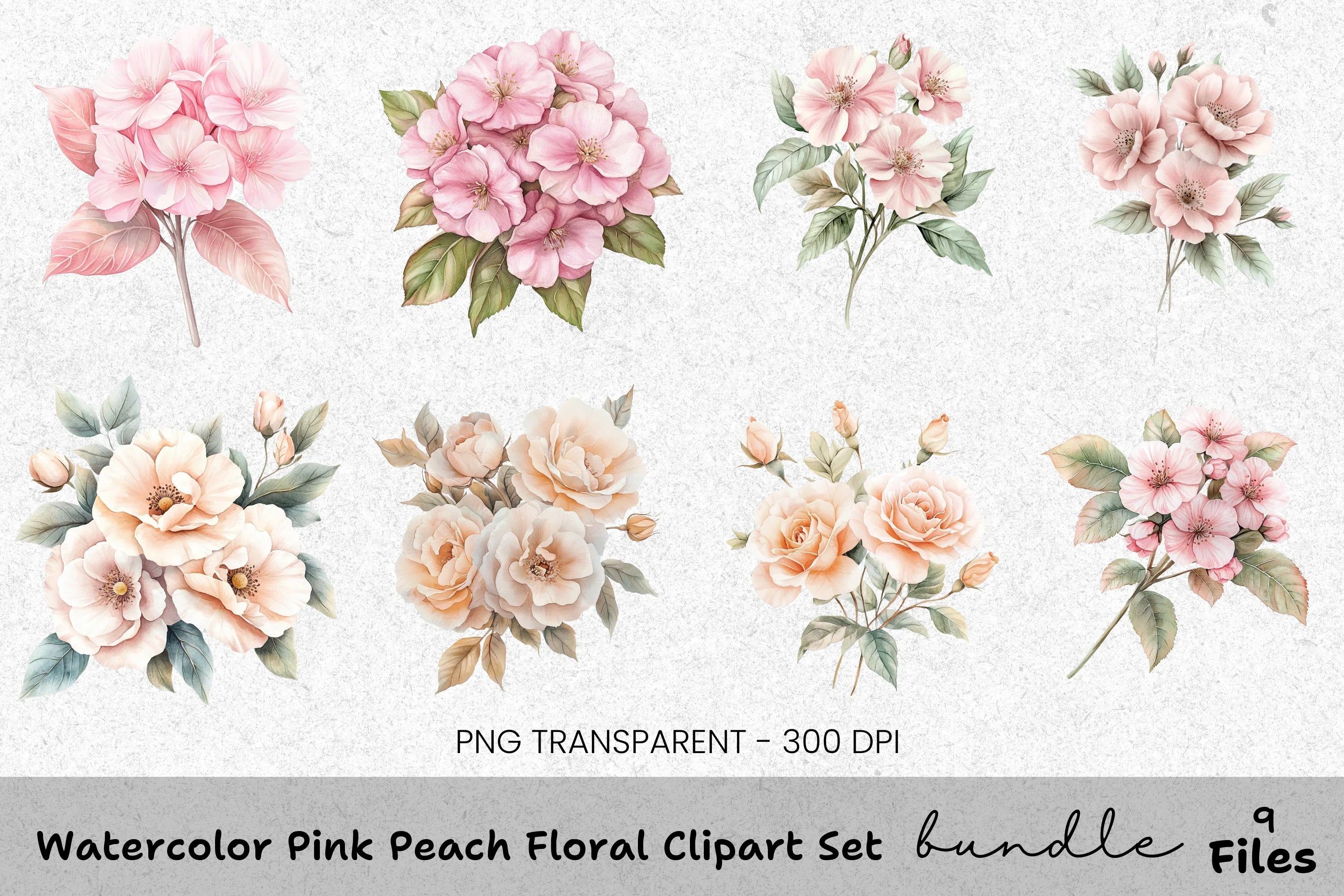 Pink Peach Floral Clipart Bundle