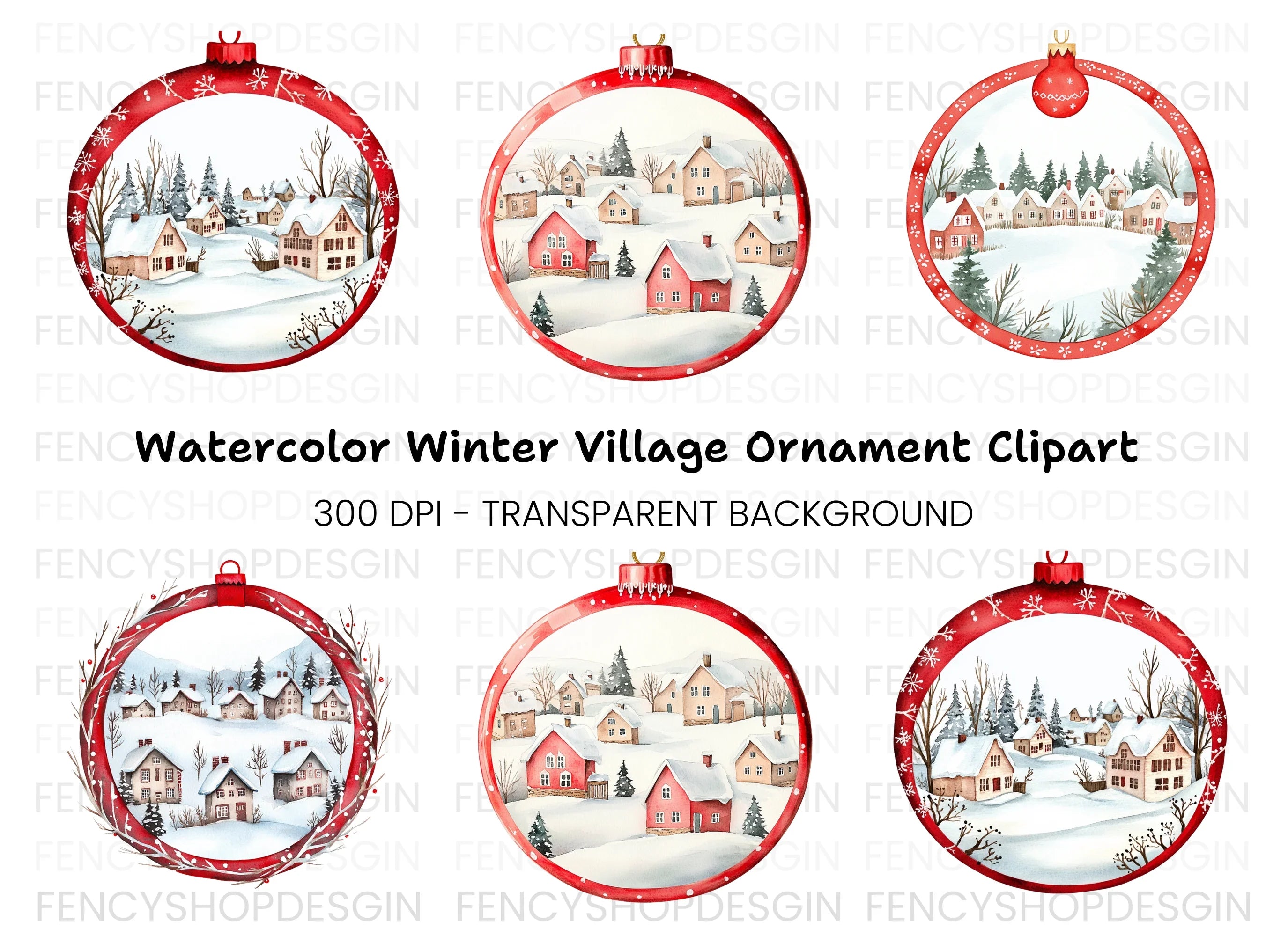 Winter Village Christmas Ornament Clipart Bundle